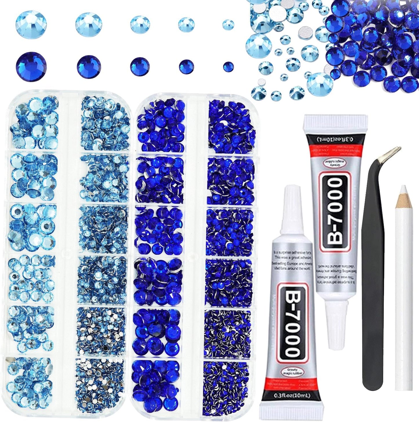 Light and Dark Blue Rhinestones with Glue(S8-S30) for Bedazzling,2mm-6mm Non-Hotfix Flatback Nail Gems Beads Baby and Navy Blue Gems Diamonds Kit, Nail Gems Beads for Bedazzling Crafts, DIY Art