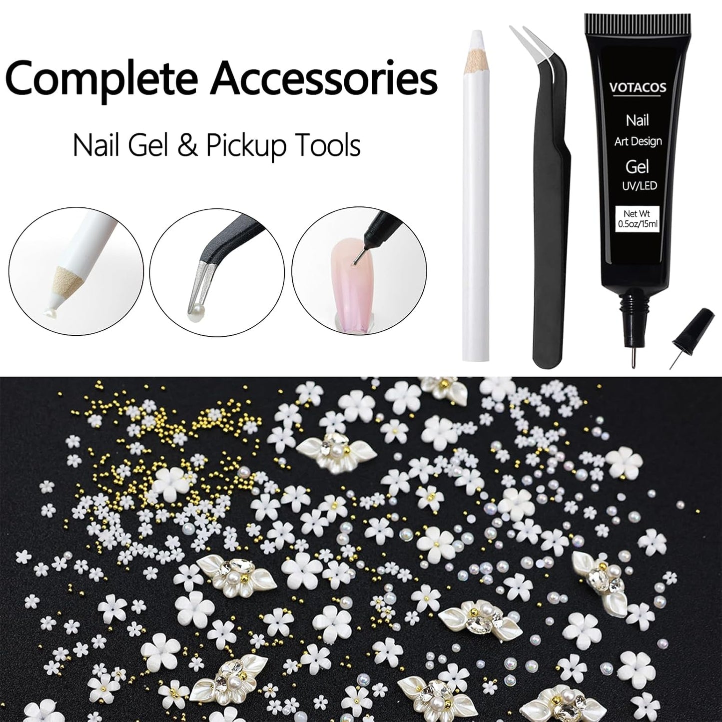 Nail Art Charms with Rhinestones Glue Gel White Flatback Pearls Luxurious Nail Charms Supplies Accessories Gold Steel Ball Nails Gems Jewelry Pearls for Women Nails Design