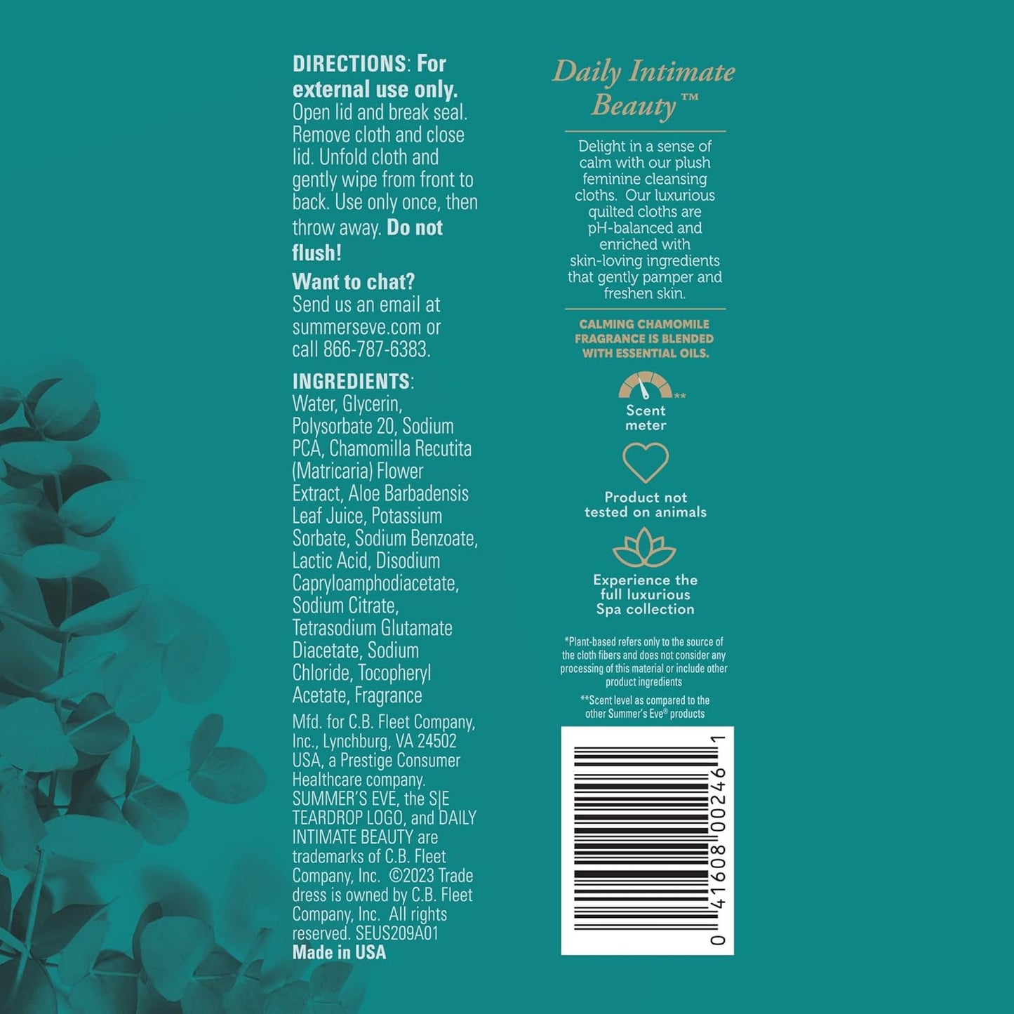 Summer's Eve Spa Calming Chamomile Feminine Wipes, 100% Plant Based*, pH balanced Plush Cloths, 24 Count