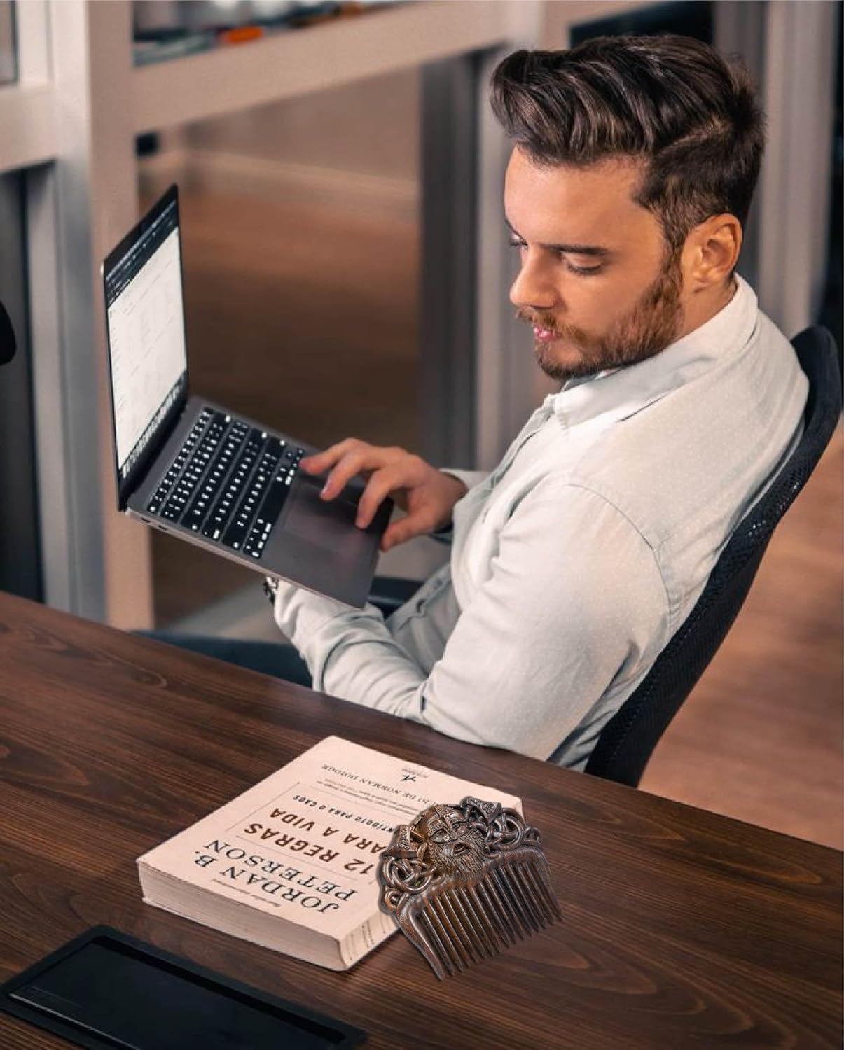 Handicraftviet Hand-Carved Wooden Comb, Wood Viking Comb for Men's Hair, Beard, and Mustache, Unique Gifts for Dad; Grandpa- Viking 1