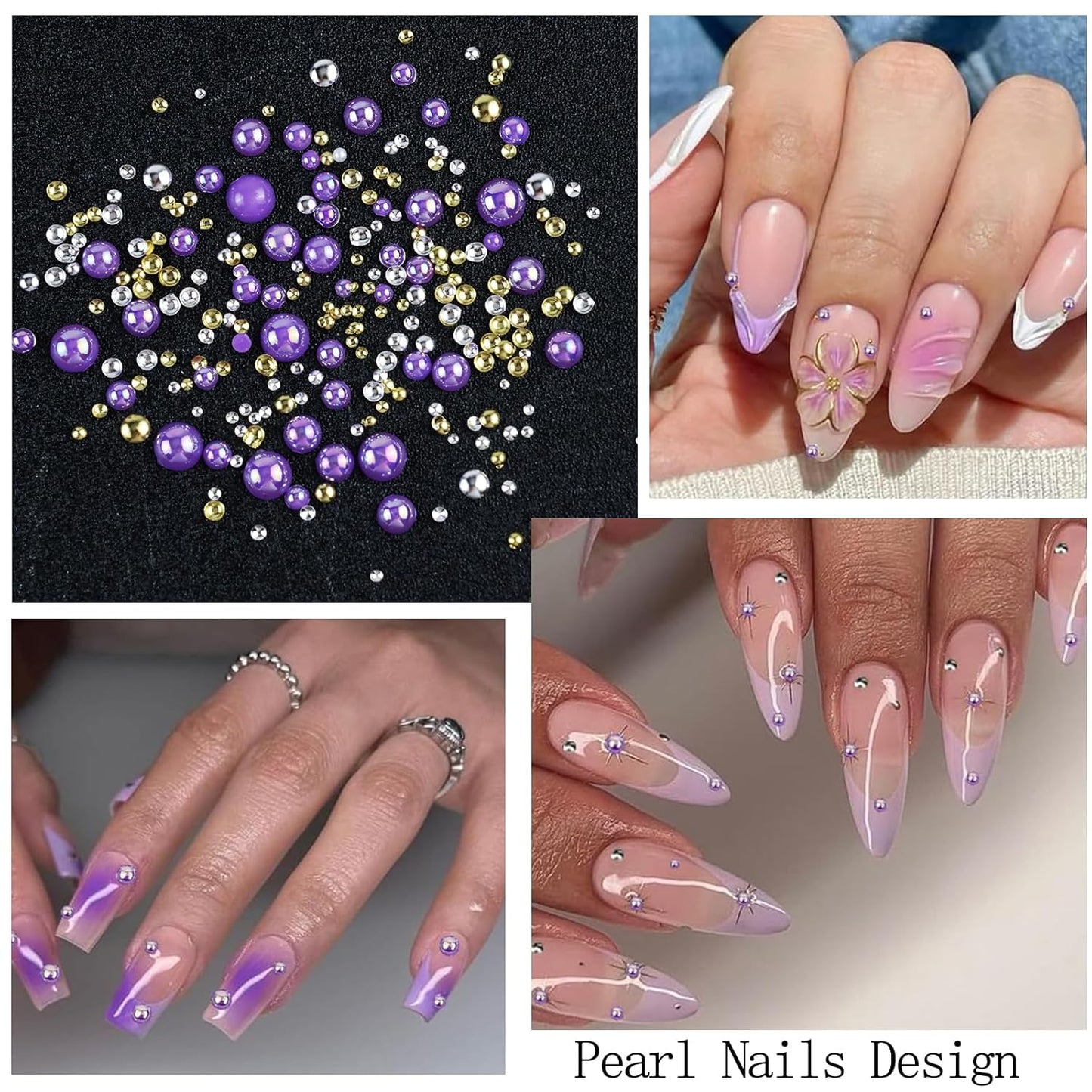 Nail Art Charms with Rhinestones Glue Gel Purple Flatback Pearls Flower Butterfly Nail Gems Supplies Accessories Gold Silver Nails Pearls for Women Nails Design Decoration