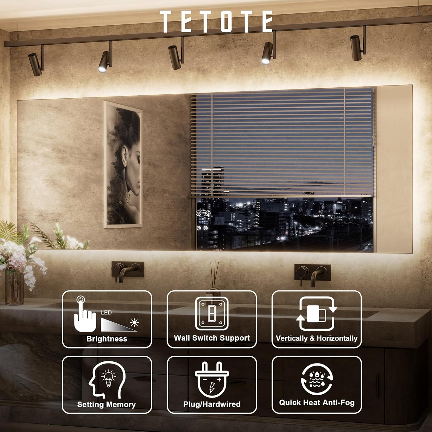 TETOTE 60 x 36 Inch LED Backlit Bathroom Mirror with Lights, 3Color White/Warm/Natural, Anti-Fog Lighted Mirror,Dimmable,Vanity Mirror,Wall Mounted