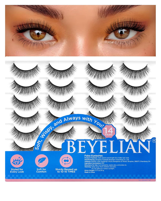 BEYELIAN False Eyelashes 14 Pairs Eye Lashes 6-12mm Strip Lash Pack Soft 3D Volume Faux Mink Lashes That Look Like Extensions