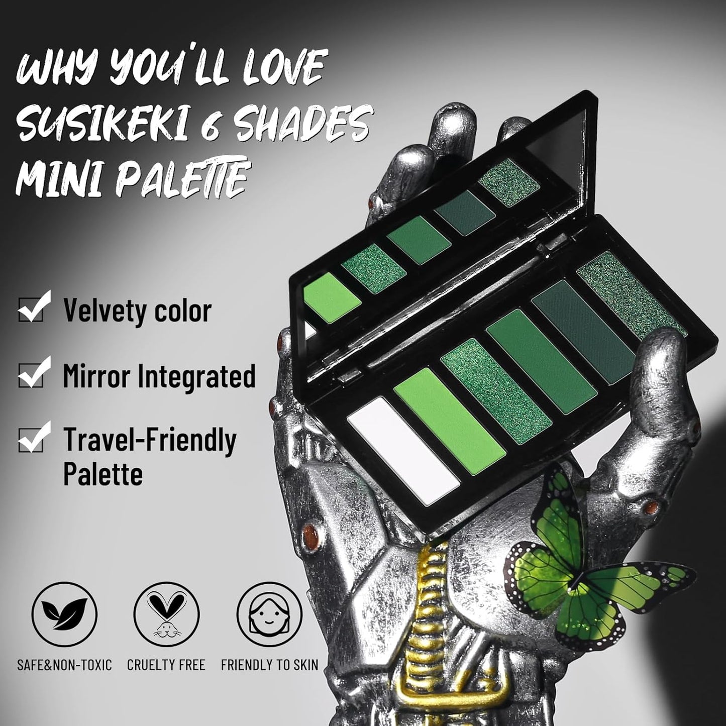Green Eyeshadow Palette with Mirror Lime Forest Emerald Tones Matte Shimmer 6 Colors Mini Eye Shadow Pallet Travel Size Highly Pigmented for Goth Fairy Joker Wicked Halloween Parties Makeup