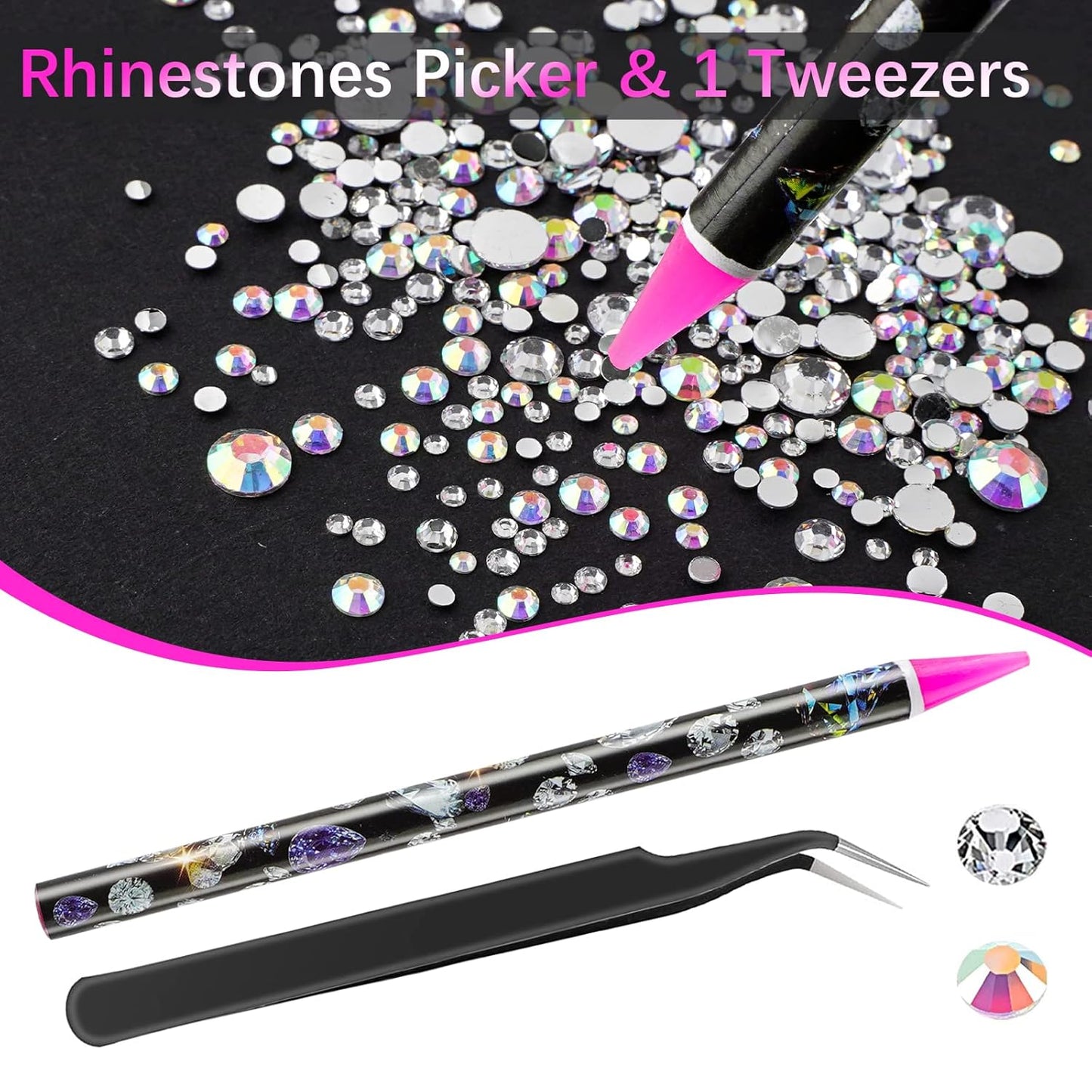 Canvalite Rhinestones 2784PCS in 6 Sizes Flat Back Gems, Crystal AB Art Gems with 5Pcs B7000 Glue, Pick Up Tweezers and Picker Dotting Pen for Nails, Makeup, Stocking Stuffers Gifts for Women