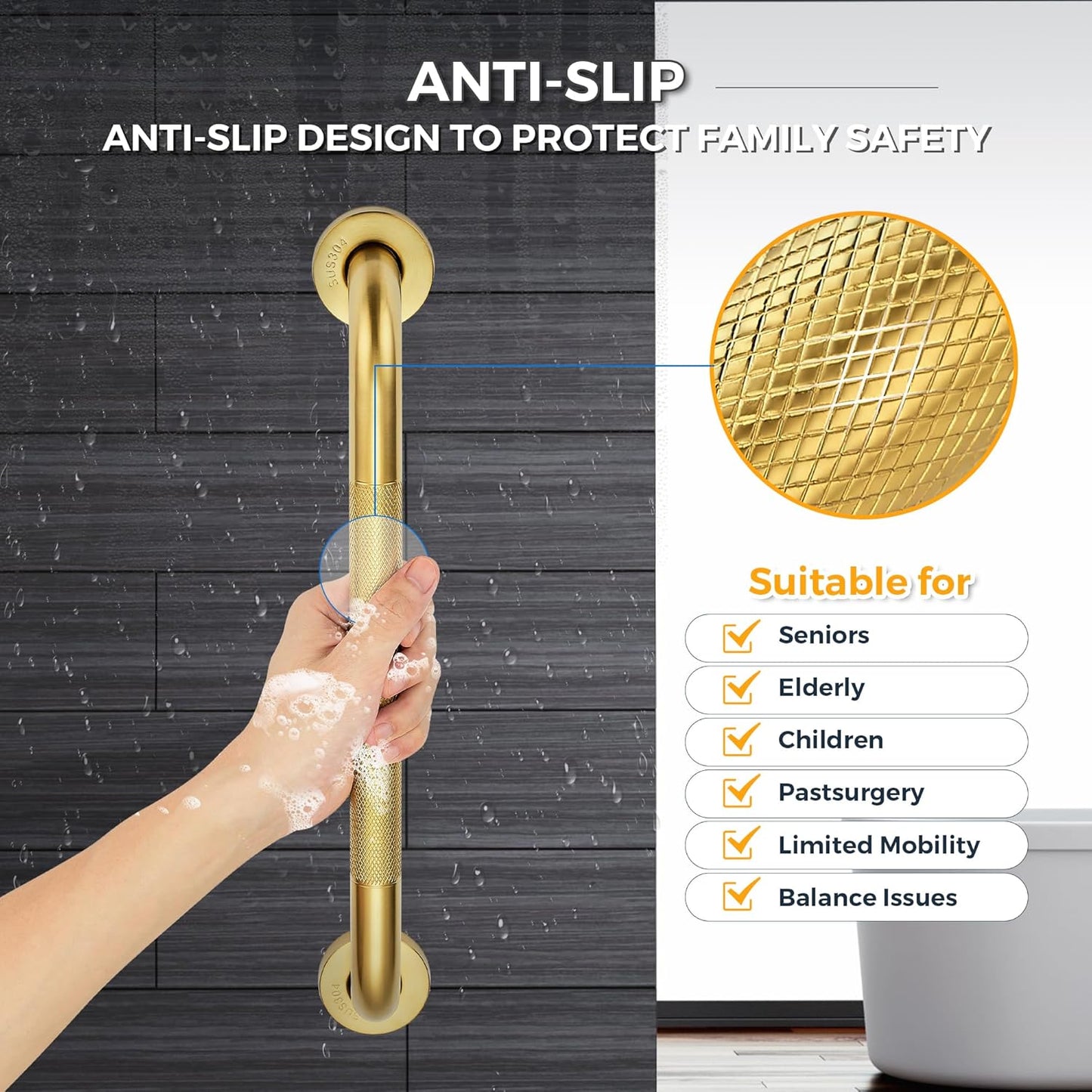 Grab Bars for Shower, 2 Pack 32-Inch Anti Slip Shower Handles for Elderly, Safety Shower Grab Bar, Stainless Steel Handicap Grab Bars for Bathroom,Toilet (Gold, 1" Diameter)
