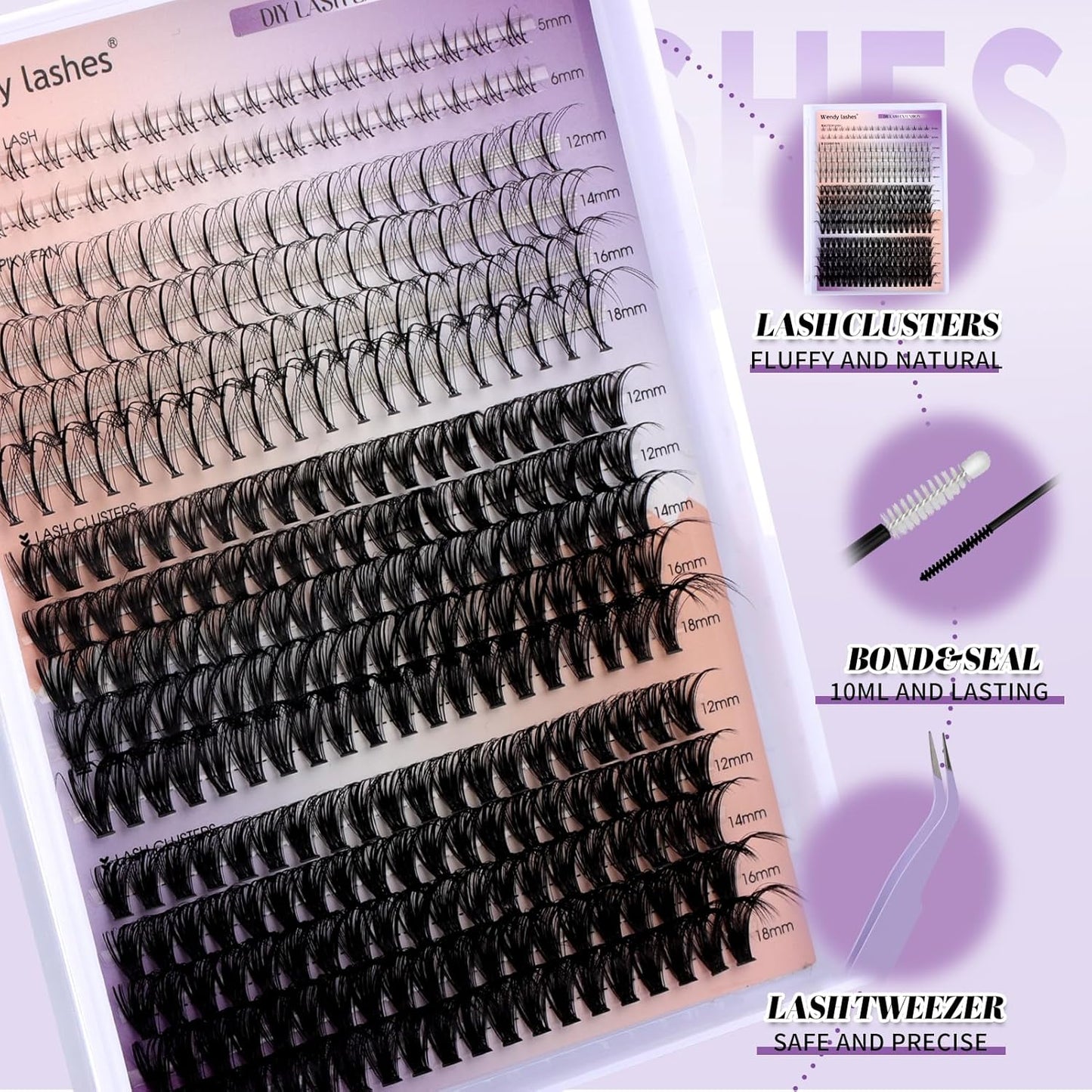 DIY Lash Extension Kit Lash Clusters With Bottom Lashes 20/30/40/50D 12-18mm Multi-types Individual Lashes Bond and Seal, Spike, Nature Volume Lashes Kit Lash Applicator(40/50 Kit)
