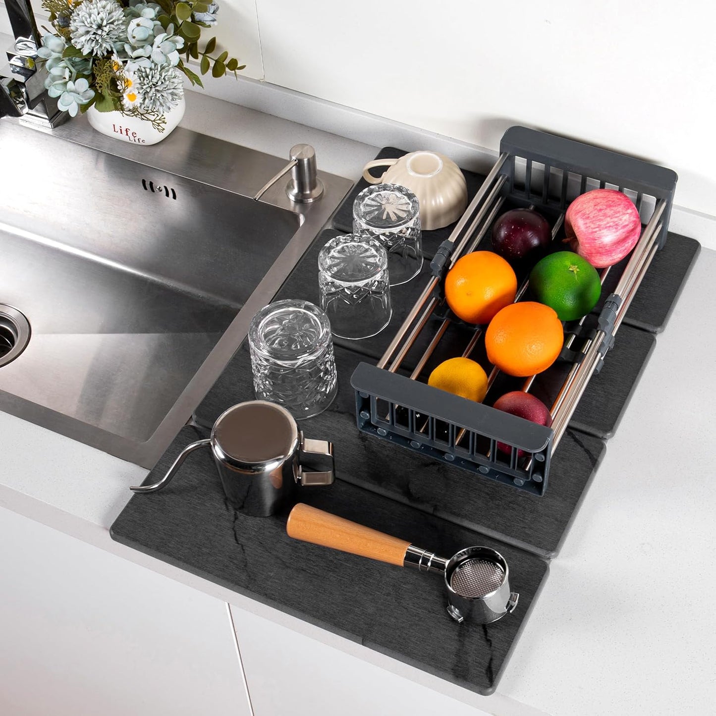 Dusk & Decor Folding Stone Dish Drying Mat – Quick-Drying Diatomaceous Earth Kitchen Mat for Counter – Foldable, Non-Slip Diatomite Sink Tray for Dishes and Utensils - Gray