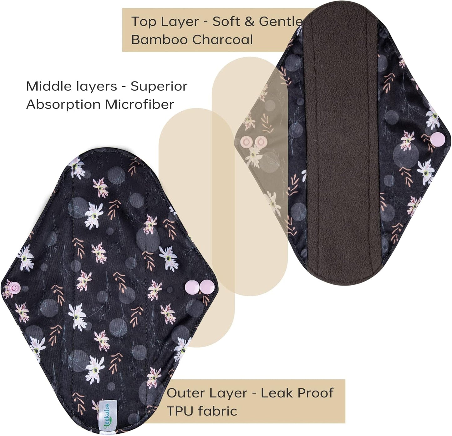 Leekalos Reusable Menstrual Pads - Bamboo Menstrual Cloth Pads | Light Incontinence Pads | Reusable Sanitary Pads - Pack of 6, 1 Cloth Mini Wet Bag