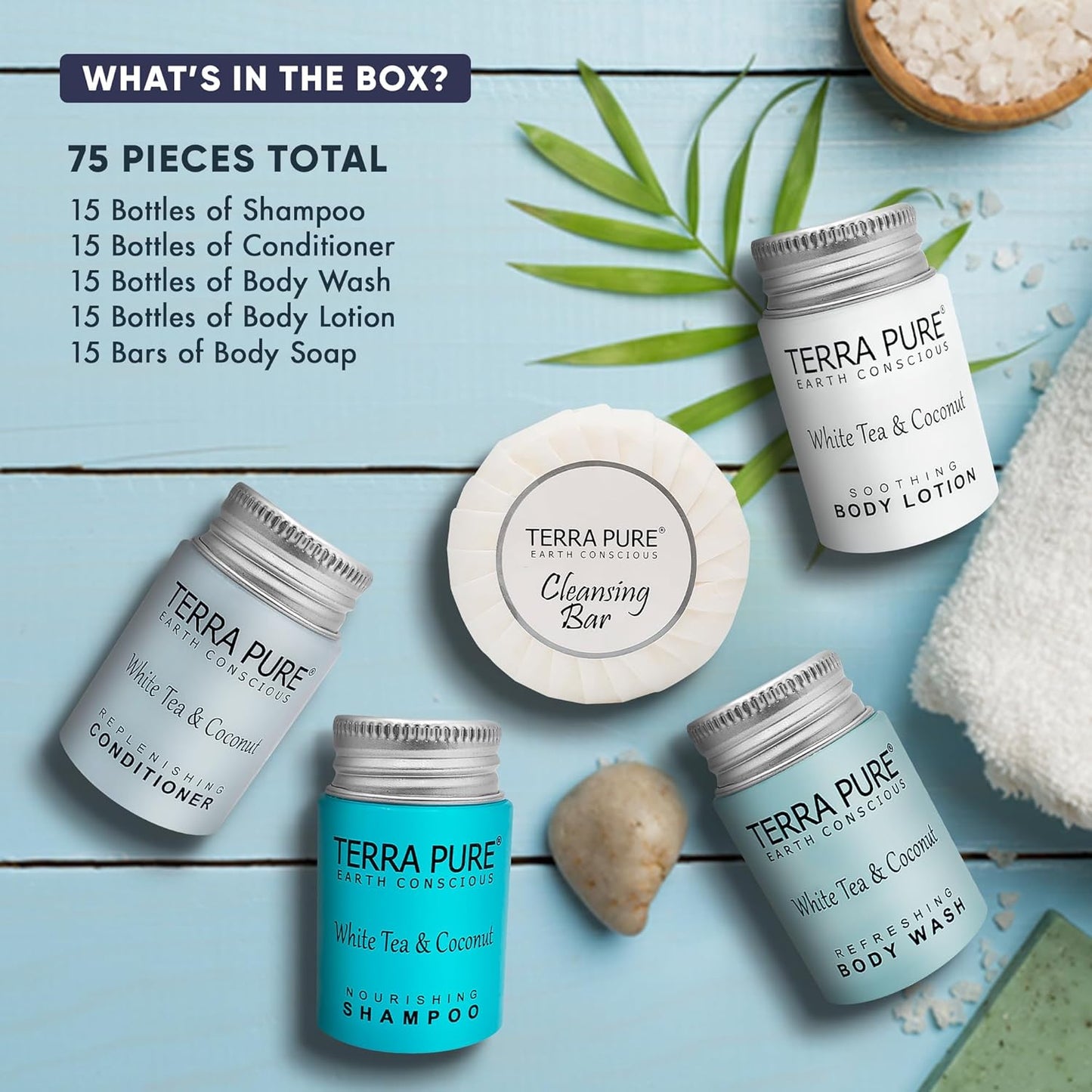 Terra Pure White Tea & Coconut Hotel Size Toiletries Set | 1-Shoppe All-In-Kit | 1 oz. Liquids and 1.25 oz. Bar Soap | Amenities For Hotels, Airbnb & Rentals | (75 pieces)
