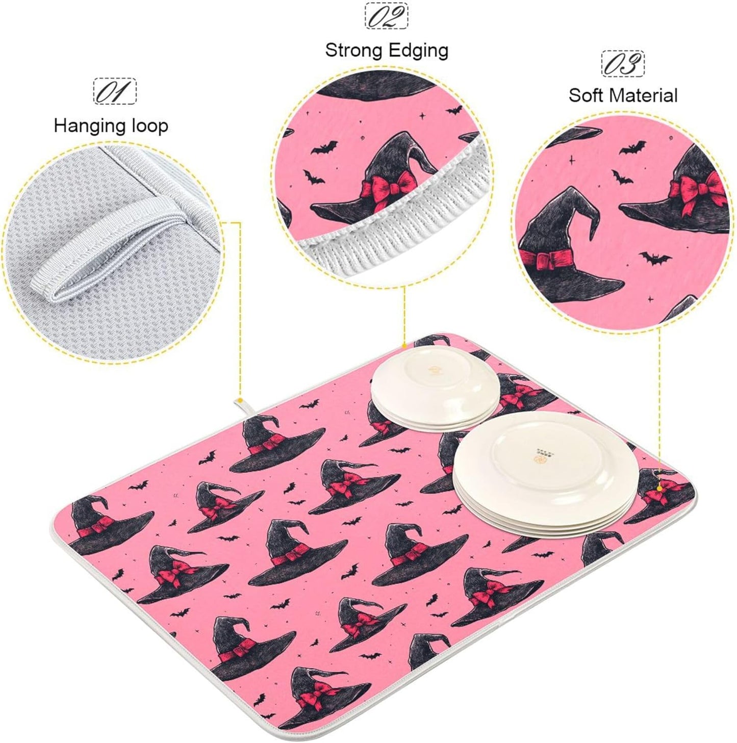 Witch Bow Hot Pink Dish Drying Mat for Kitchen Countertop 18x24 Halloween Bowknot Bat Large Drying Mat Reusable Quick Dry Dish Sink Mats Easy Clean Decorative Essentials