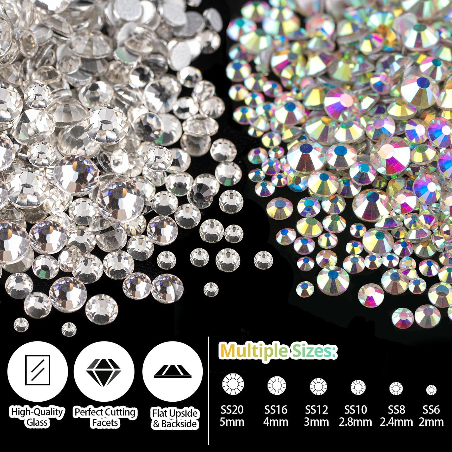 Rhinestones for Nails, Manicure Gem, Flat Back Glass Crystal AB & Transparent Clear + Mixed Color Iridescent Chameleon Gemstones, 2-5mm Round Gems for Nail Art Decor with Pickup & Dotting Tools