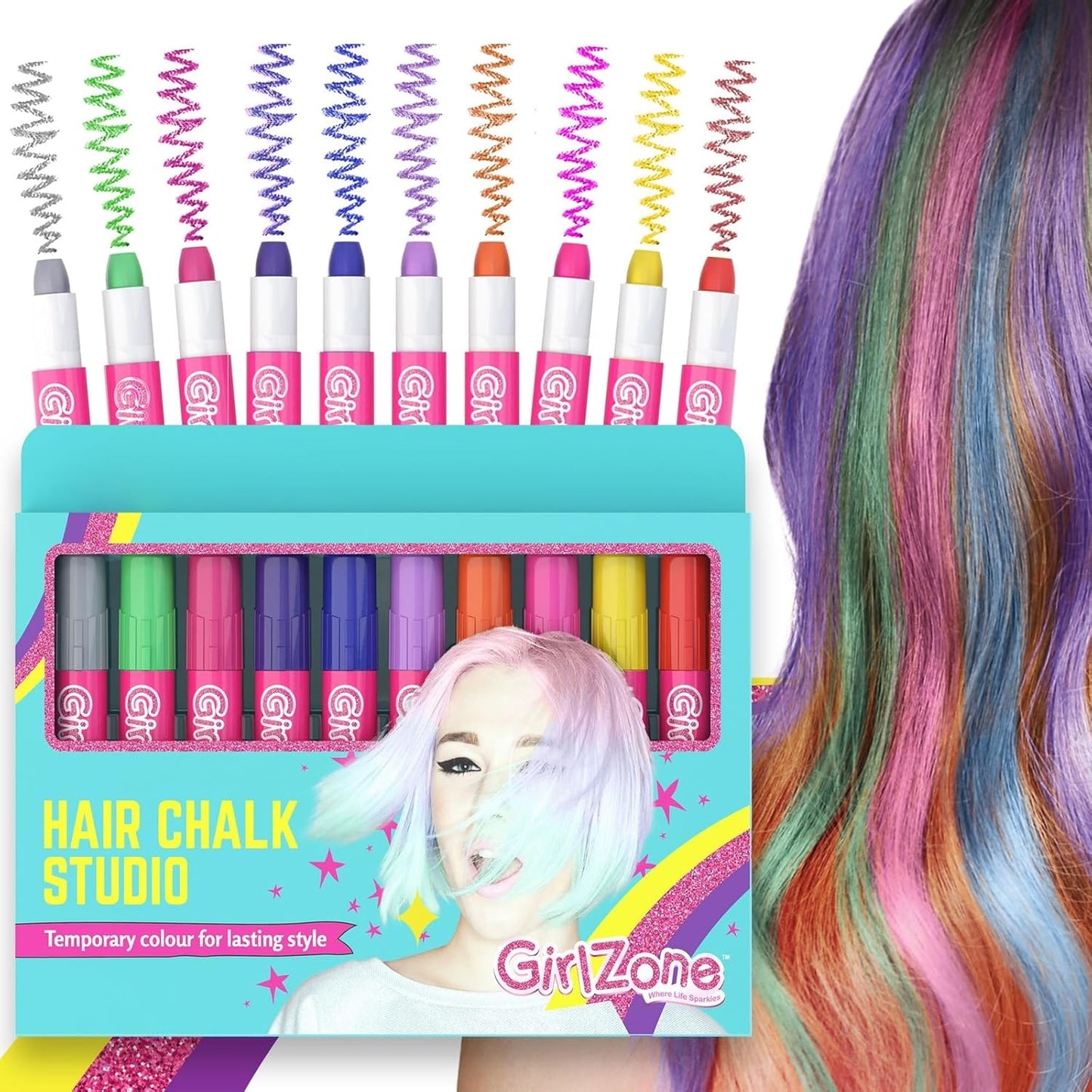 GirlZone Hair Chalks Set, 10-Piece Temporary Hair Chalk For Kids, Easy to Apply and Remove Temporary Hair Color for Kids Dress Up Parties, Role Play, Gift-Ready Vibrant Girls Hair Chalk Set