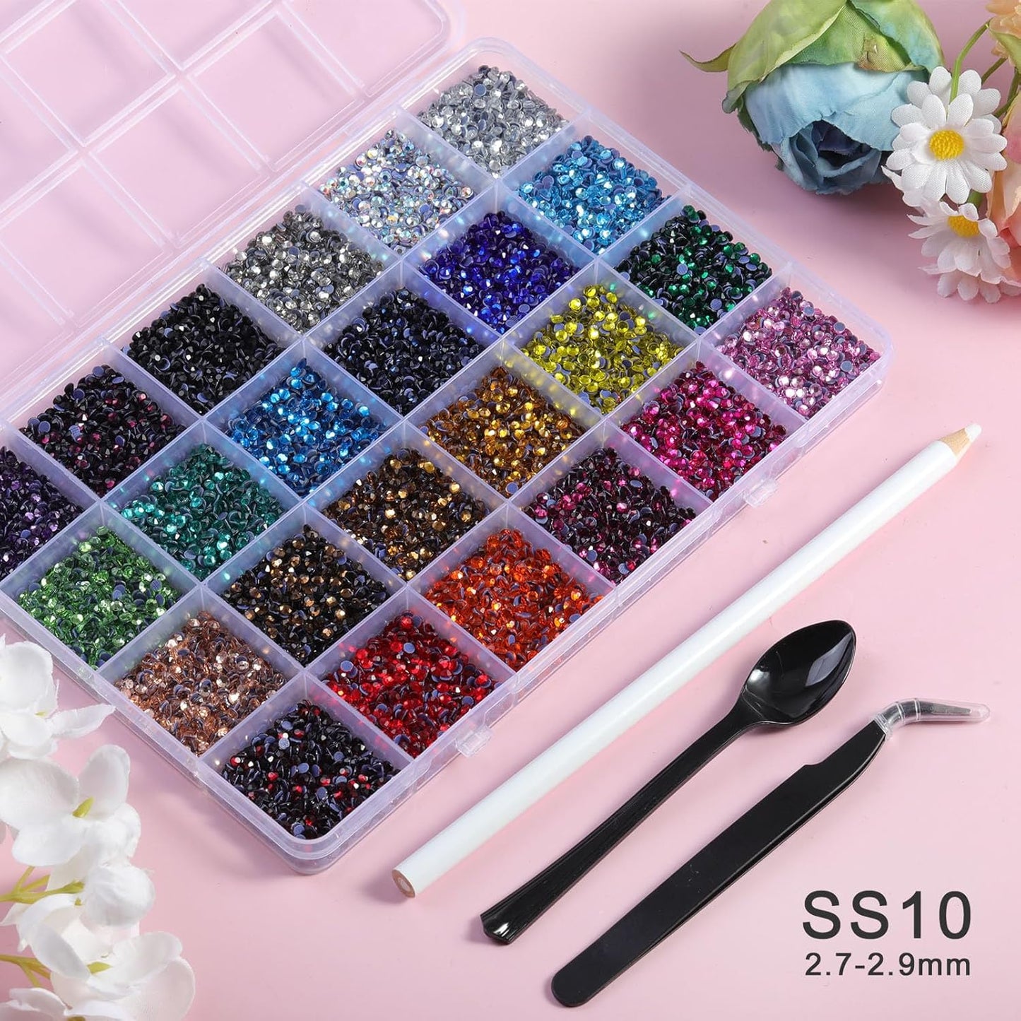 Hotfix Rhinestones Mixed 24 Colors, SS10 Rhinestones for Crafts Clothes, Hotfix Crystals with 1 Tweezers, 1 Wax Pencil and 1 Spoon