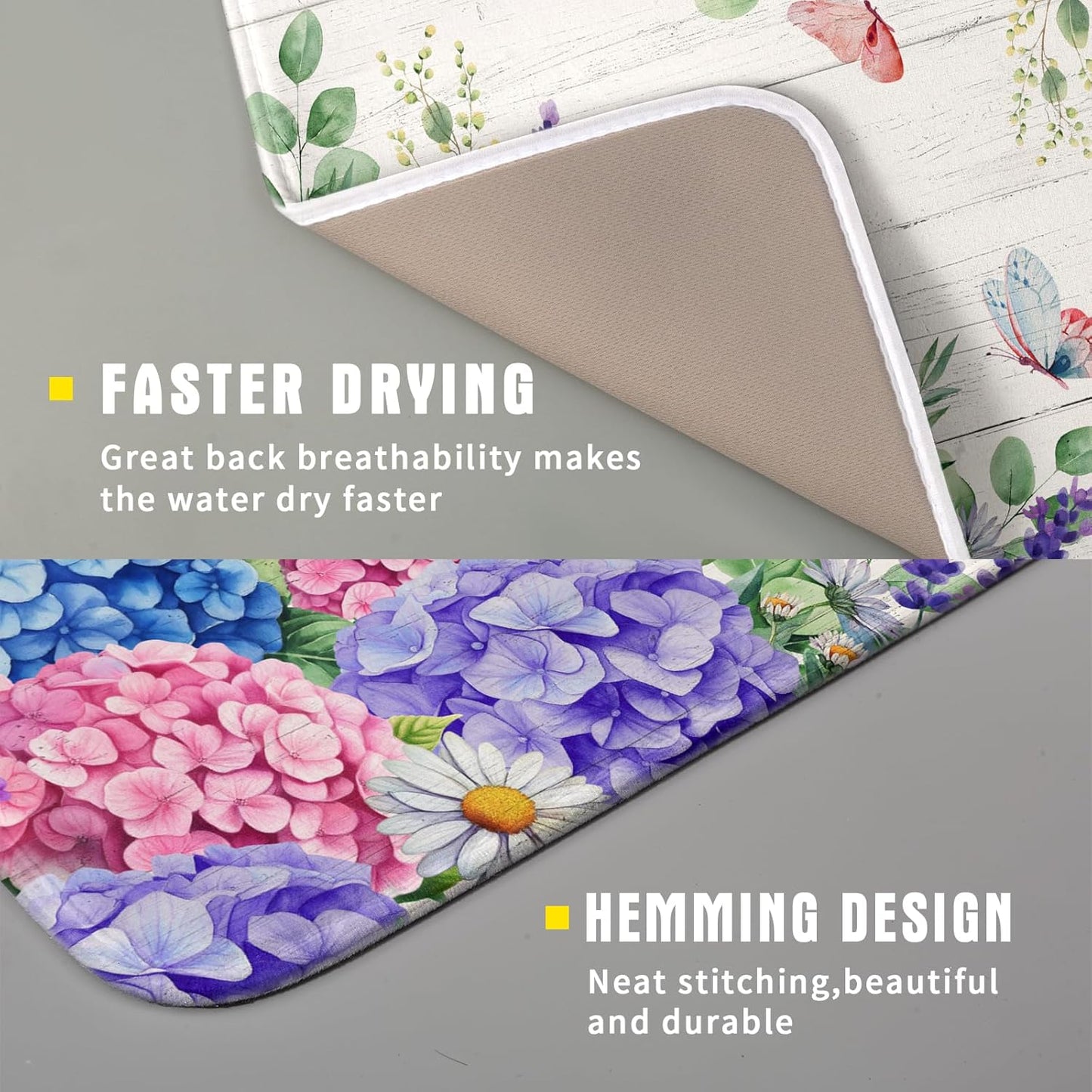 Hydrangea Floral Dish Drying Mat 16x18 inch Spring Summer Decorative Fast Dry Dishes Draining Mats Absorbent Microfiber Drainer Rack Pad