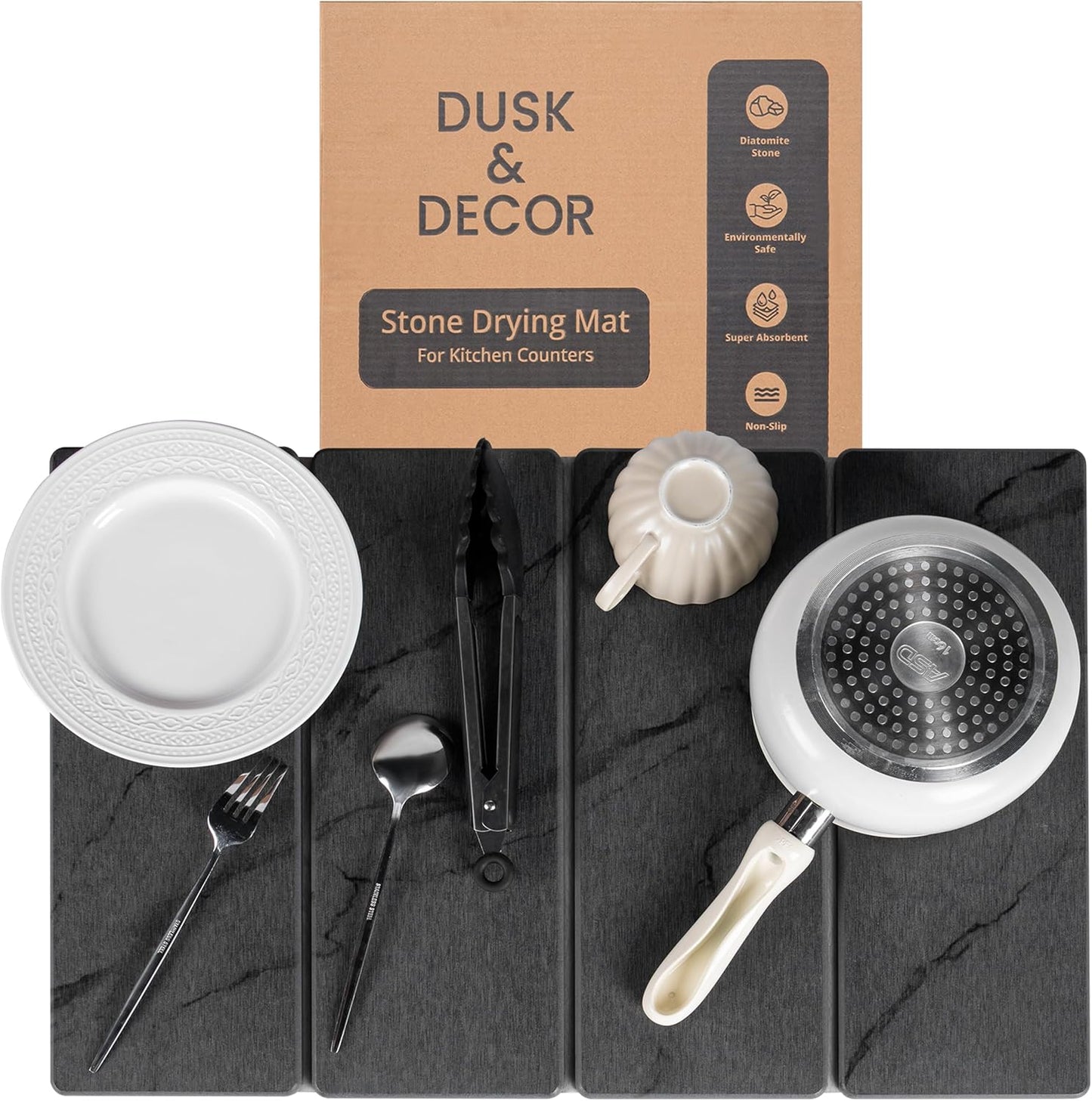 Dusk & Decor Folding Stone Dish Drying Mat – Quick-Drying Diatomaceous Earth Kitchen Mat for Counter – Foldable, Non-Slip Diatomite Sink Tray for Dishes and Utensils - Gray