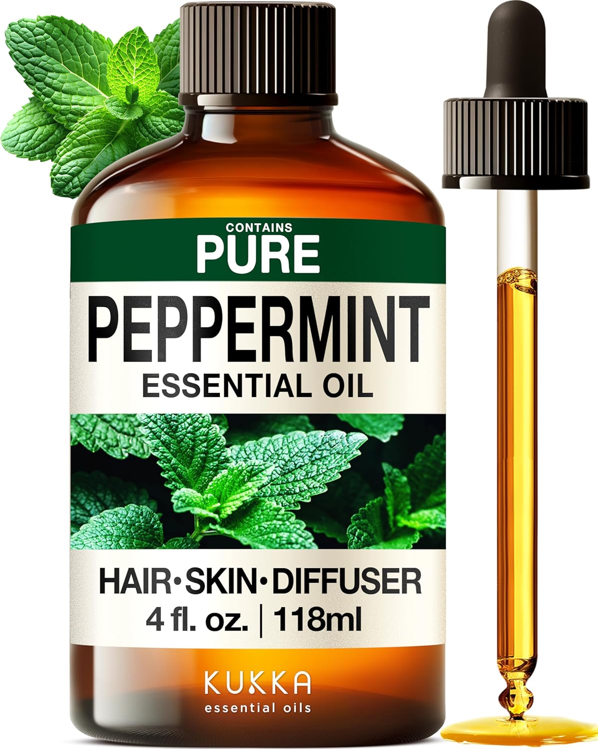 Kukka Essential Oils Peppermint Oil for Skin, Hair, Diffuser - 4 Fl Oz / 118 ml, DIY Soap Making Scents