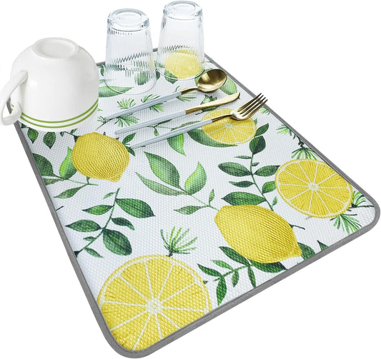 SHIYUE Dish Drying Mat for Kitchen Counter Super Absorbent Spring Kitchen Decor Microfiber Drying Matainers Rack Fast Pad Dish Drainer Mats(Yellow Lemon Green Leaves,16''x18'')