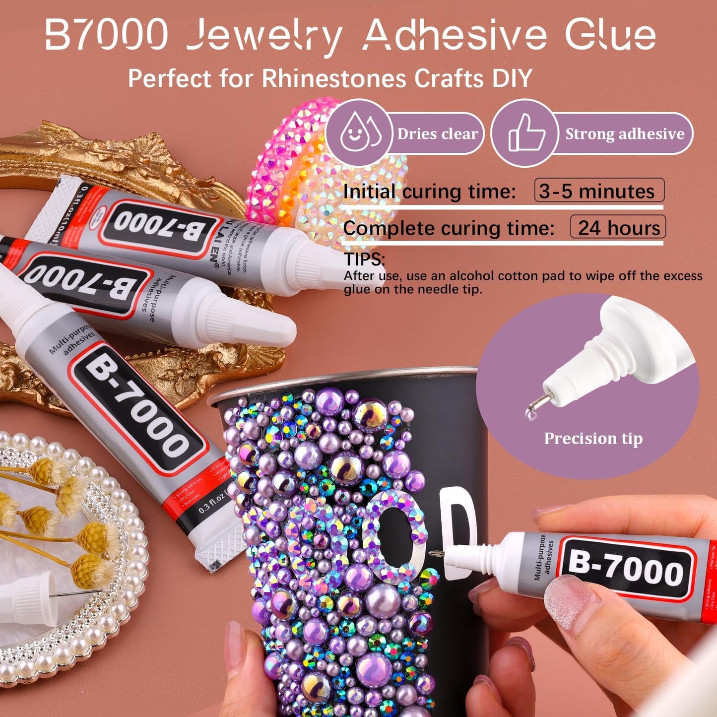 80g Flatback Pearls and Rhinestones for Crafting, Dark Pink 3-10mm Resin Rhinestones and Half Pearls for Bedazzling, Nail Art and Dec with 3pcs 10ml B7000 Jewelry Glue, Tweezer and Pickup Pencil