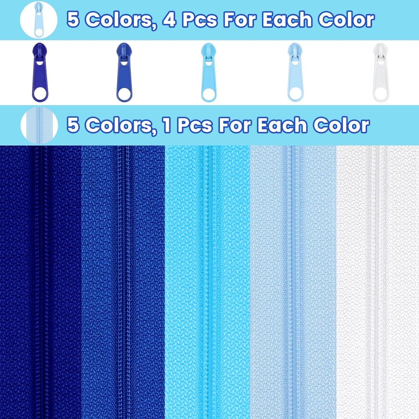 DOITEM 15.3 Yards/ 14 m 5 Pieces Assorted Colors #3 Nylon Coil Zippers, Sewing Zippers Endless Zips with 20 Pieces Zipper Sliders Zip Heads for DIY Sewing Tailor Craft Supplies (Blue White)