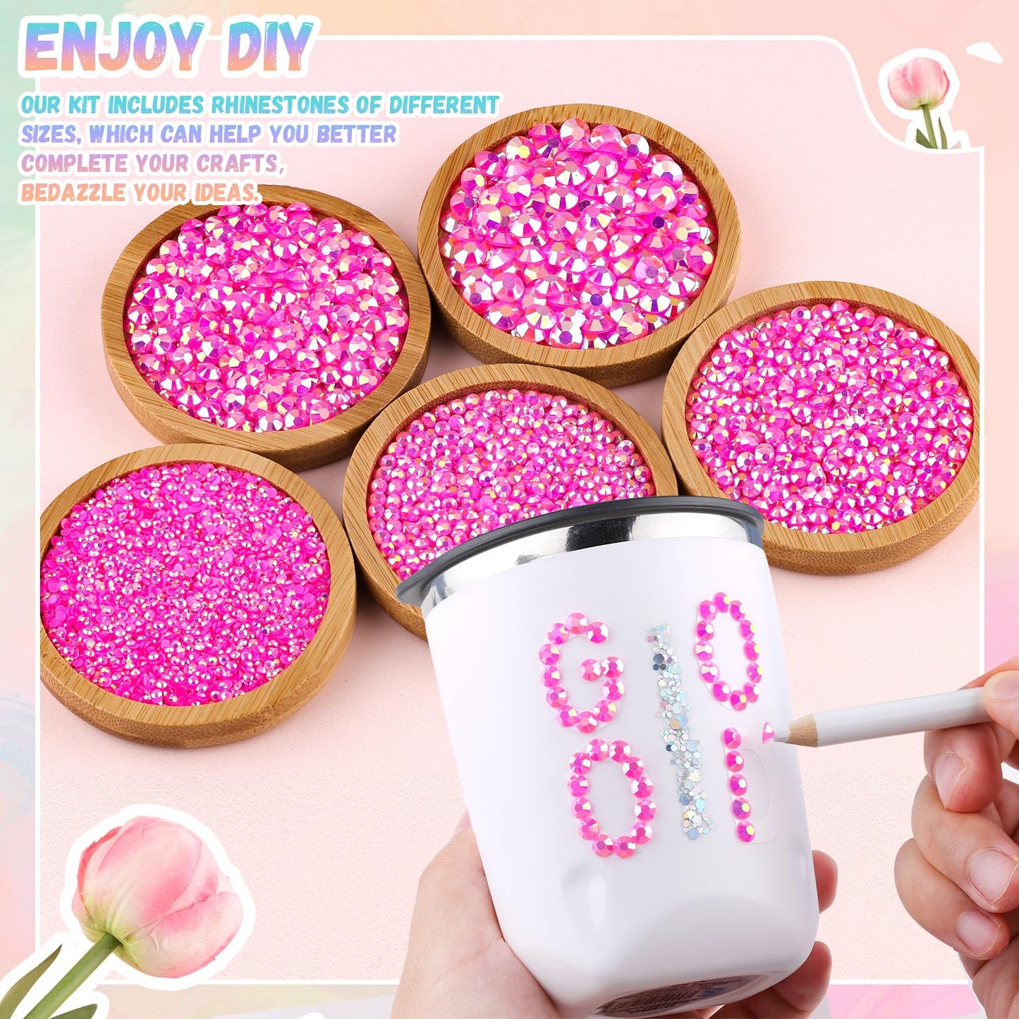 25000Pcs Resin Rhinestones with B7000 Jewelry Glue for Crafting, Hot Pink AB 2-6mm Non Hotfix Flatback Gems, Bedazzling Crystal for DIY Crafts Clothing Tumblers Mugs Shoes Fabric Decor Nail Art