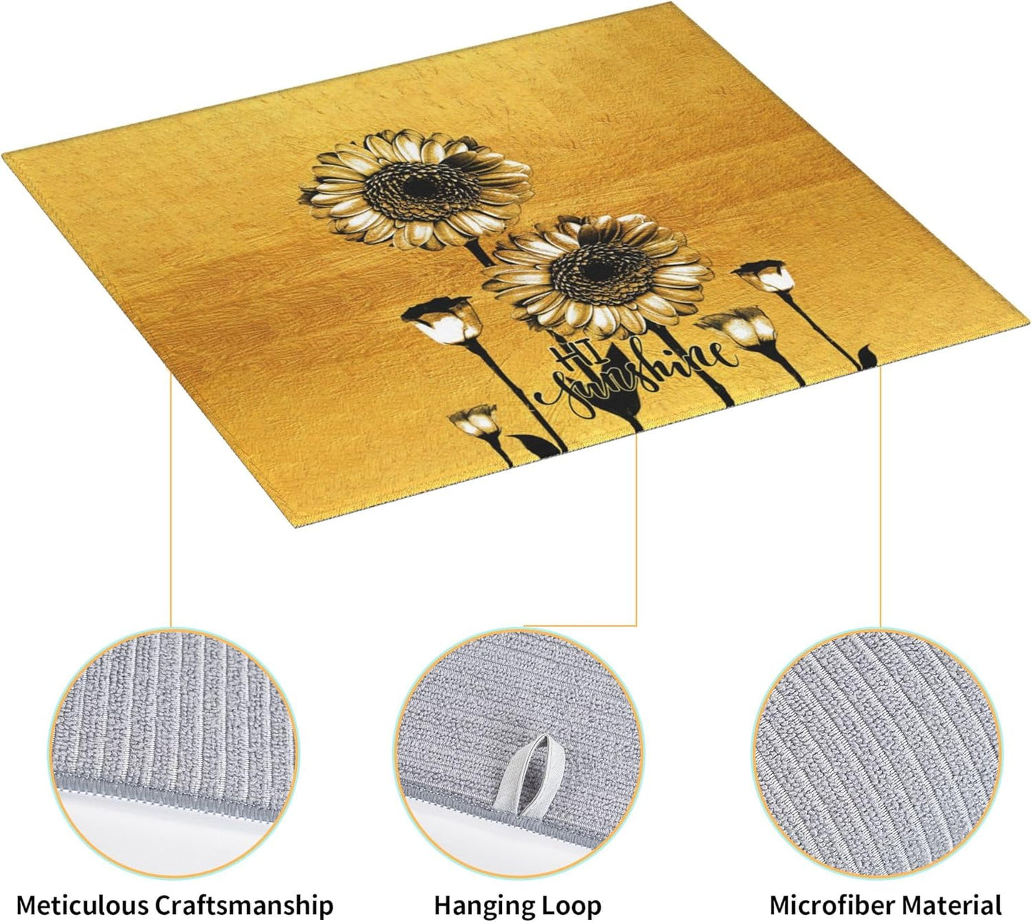 Sunflower Dish Drying Mat for Kitchen Counter Black Gold Washable Absorbent Reversible Microfiber Modern Drying Pad Kitchen Accessories 16x18 Inch