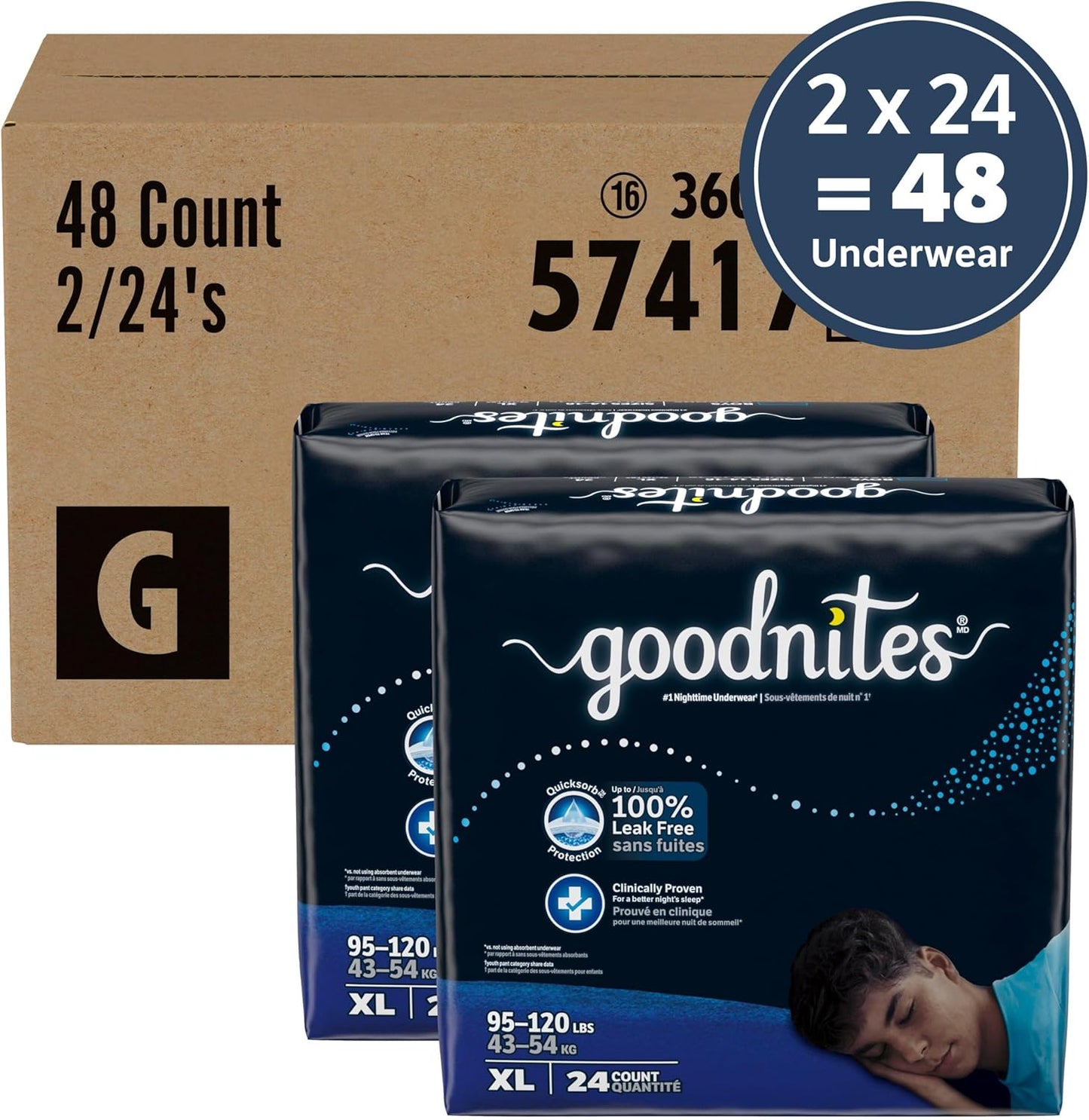 Goodnites Boys' Nighttime Bedwetting Underwear, Size Extra Large (95-120 lbs), 48 Ct (2 Packs of 24), Packaging May Vary