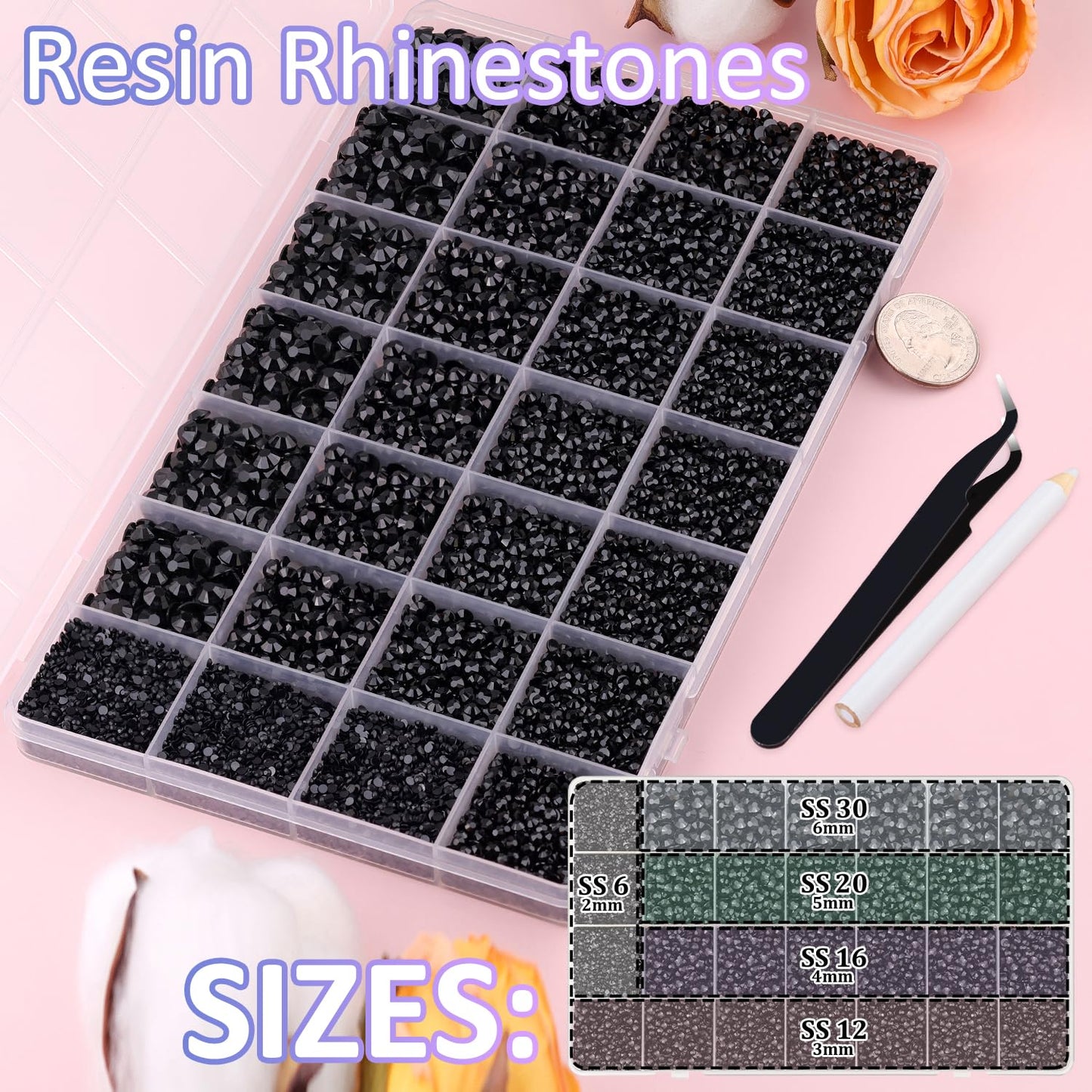 30000Pcs Resin Rhinestones for Bedazzling with Tweezers, Black Rhinestones for Crafting with B7000 Jewelry Glue for DIY Crafts Clothing Tumblers Shoes Fabric Nail Art