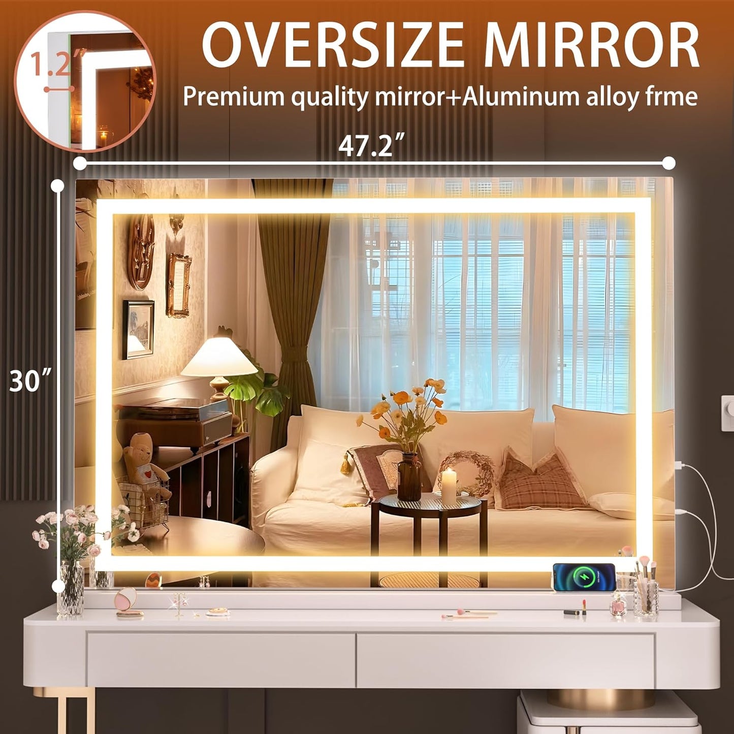 Hasipu Vanity Mirror with Lights, 47" x 30" LED Makeup Mirror, Lighted Makeup Mirror with Dimmable 3 Modes, Touch Screen Control Vanity Mirror Square White