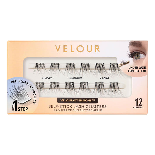 Velour-Xtensions™ Self-Stick Lash Clusters Kit, Self Adhesive Eyelashes, Includes 12 Eyelash Clusters & Applicator, Comfortable & Lightweight Lash Extensions (Soft & Wispy)