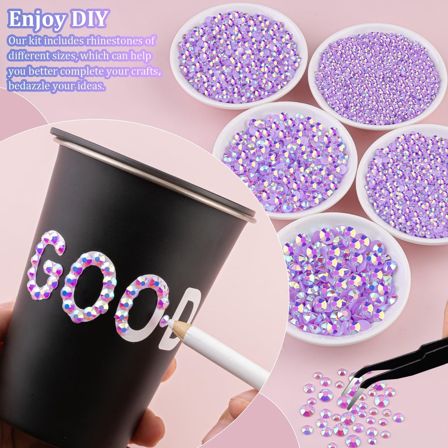 25000Pcs Resin Jelly Rhinestones for Crafting, Lavender Purple AB 2-6mm Mixed Sizes Non Hotfix Flatback Gems, Bedazzling Crystal for DIY Crafts Clothing Tumblers Mugs Shoes Fabric Nail Art