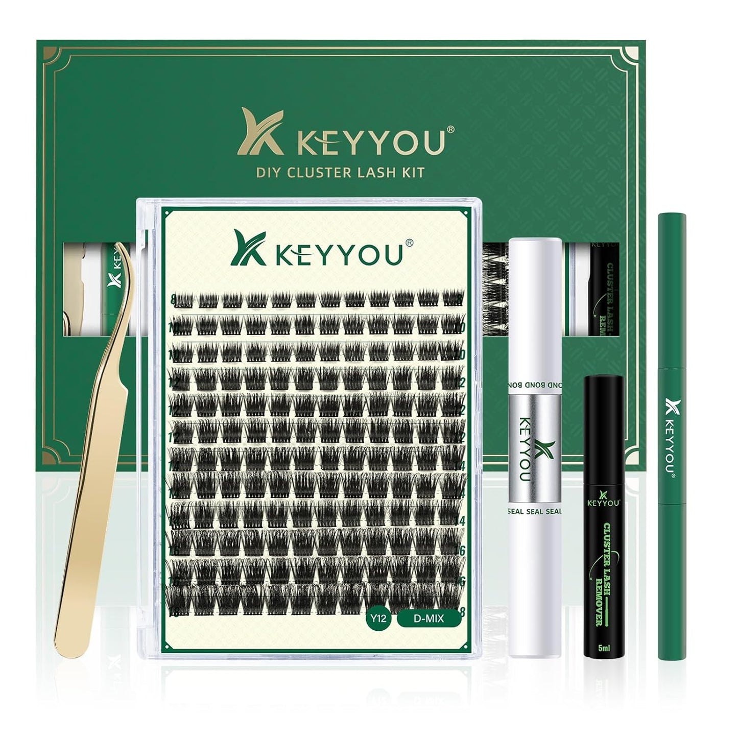 DIY Lash Extension Kit KEYYOU 144pcs Lash Clusters Eyelash Extension Kit with Mascara Brush Bond and Seal Lash Remover Lash Applicators Lash Brush for DIY Lash Extensions (Y12 Kit)