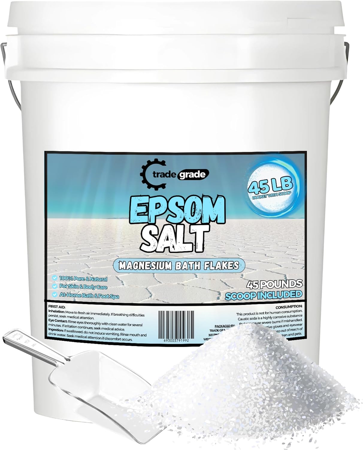Epsom Salt Bath Soak 45 lb Bucket – Unscented, Pure Epsom Salt Bulk Crystals, Magnesium Sulfate for Full Body or Foot Soaks, Resealable Container with Scoop for Home Bath Use
