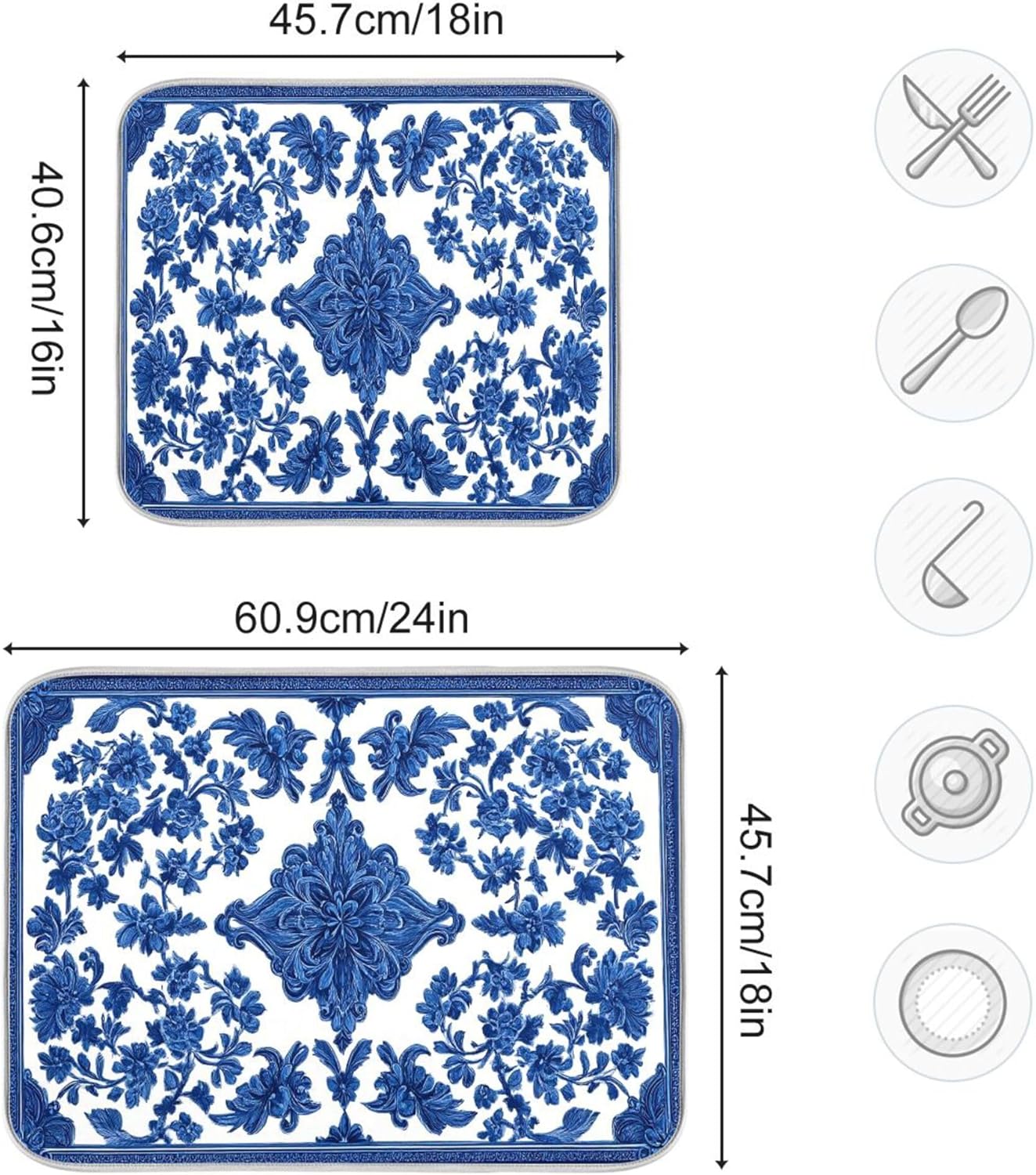 Blue White Porcelain Floral Dish Drying Mat for Kitchen Countertop 16x18 Rectangle Small Drying Mat Reusable Quick Dry Dish Sink Absorbent Mats Dishwasher Easy Clean Decorative Home Decor Essentials