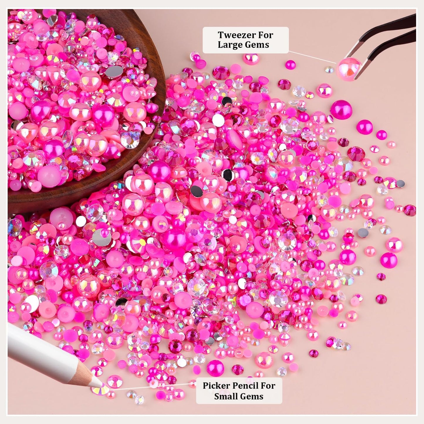 9000PCS Flatback Pearls and Rhinestones for Crafting, Dark Pink 3-10mm Resin Rhinestones and Half Pearls for Bedazzling, Nail Art and Dec with 3pcs B7000 Jewelry Glue, Tweezer and Pickup Pencil