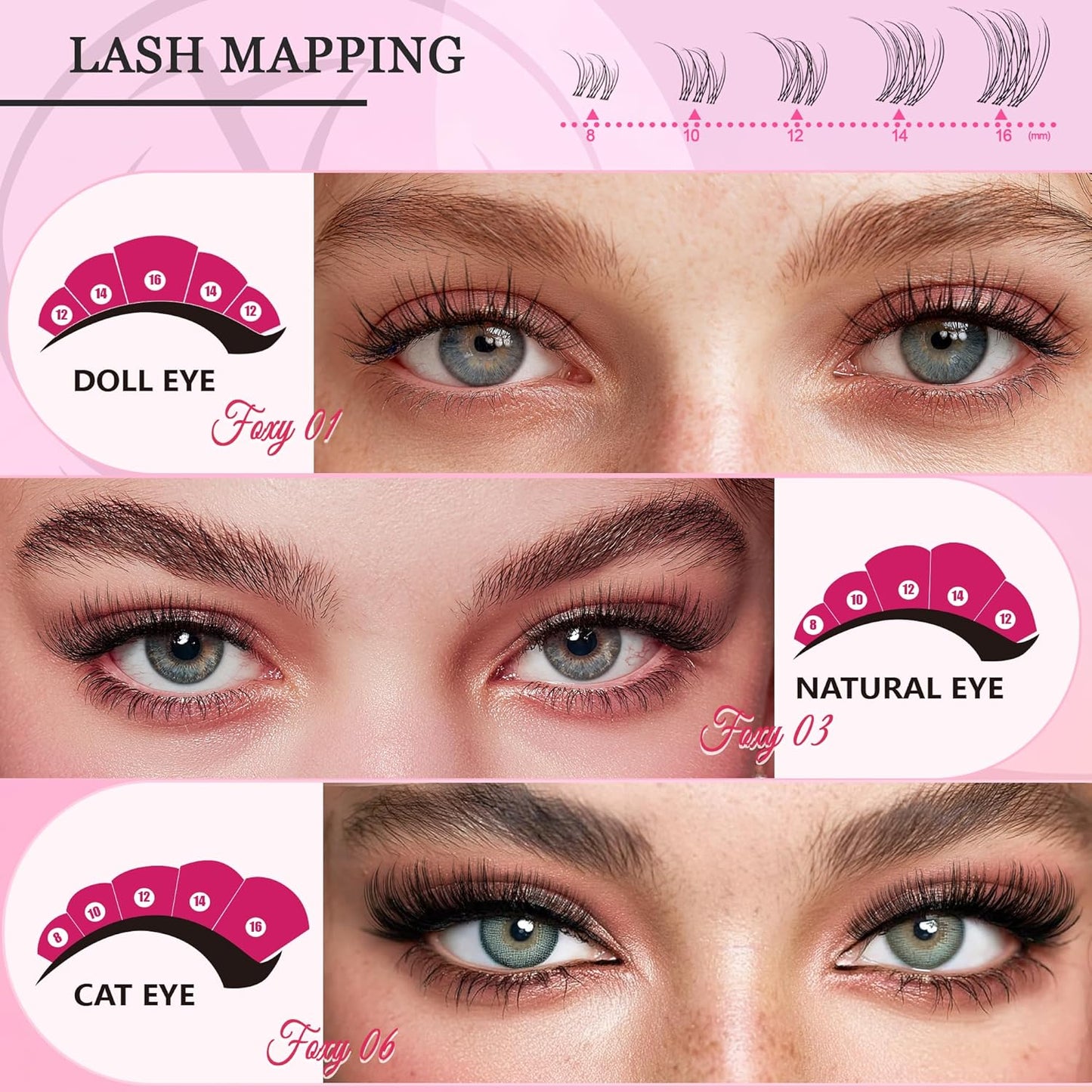 Nova Lash Clusters Kit - 360 pcs Lash Clusters Natural Look Invisible Band Eyelash Clusters Lash Extension Kit with Bond and Seal 0.07D D Curl WideSpan Cluster Eyelash Extension Kit 8-16mm DIY at Home