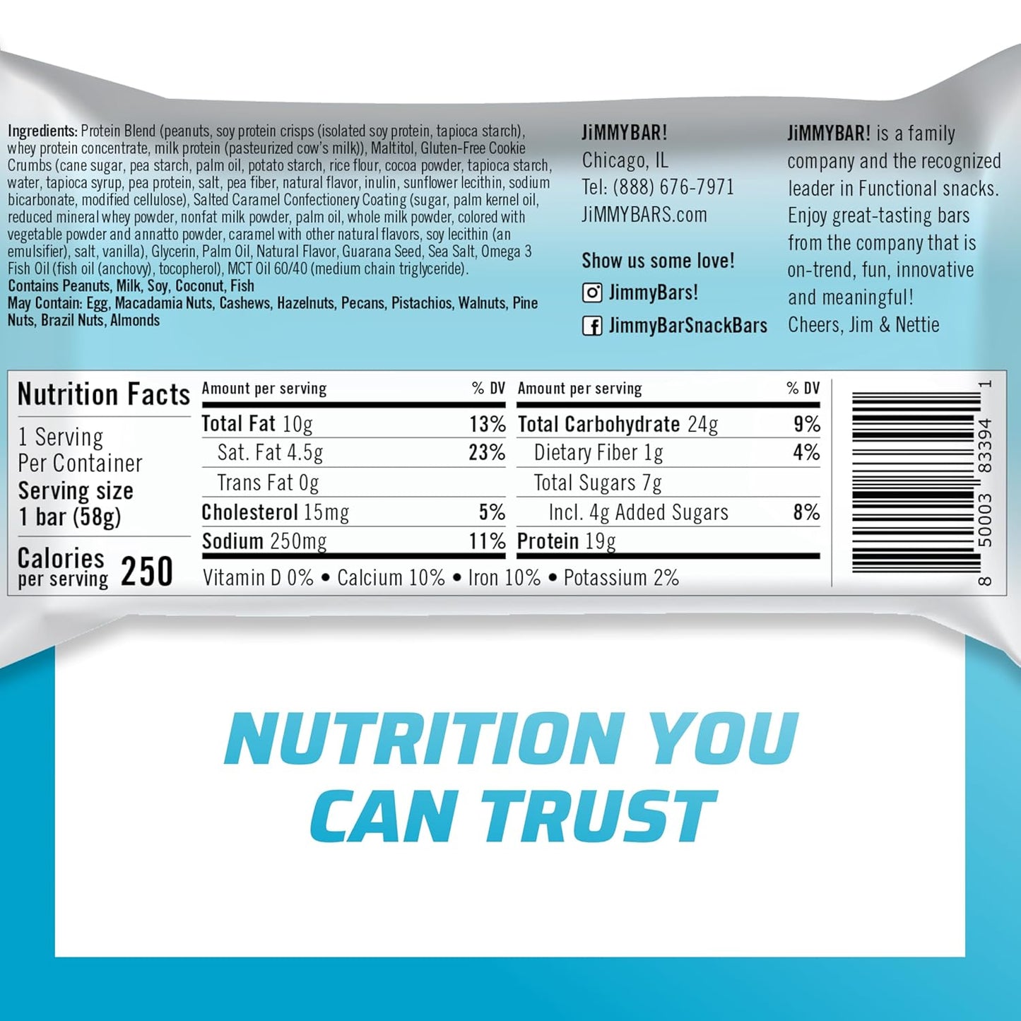 JiMMYBAR! - Sea Salt Caramel Cookies N' Cream - 19g High Protein Bars - 7g Sugar - 12 Count - 58g Health Bars - Natural Peanut Butter Core - Caffeinated Protein Bar For Energy- Hand Drizzled Chocolate