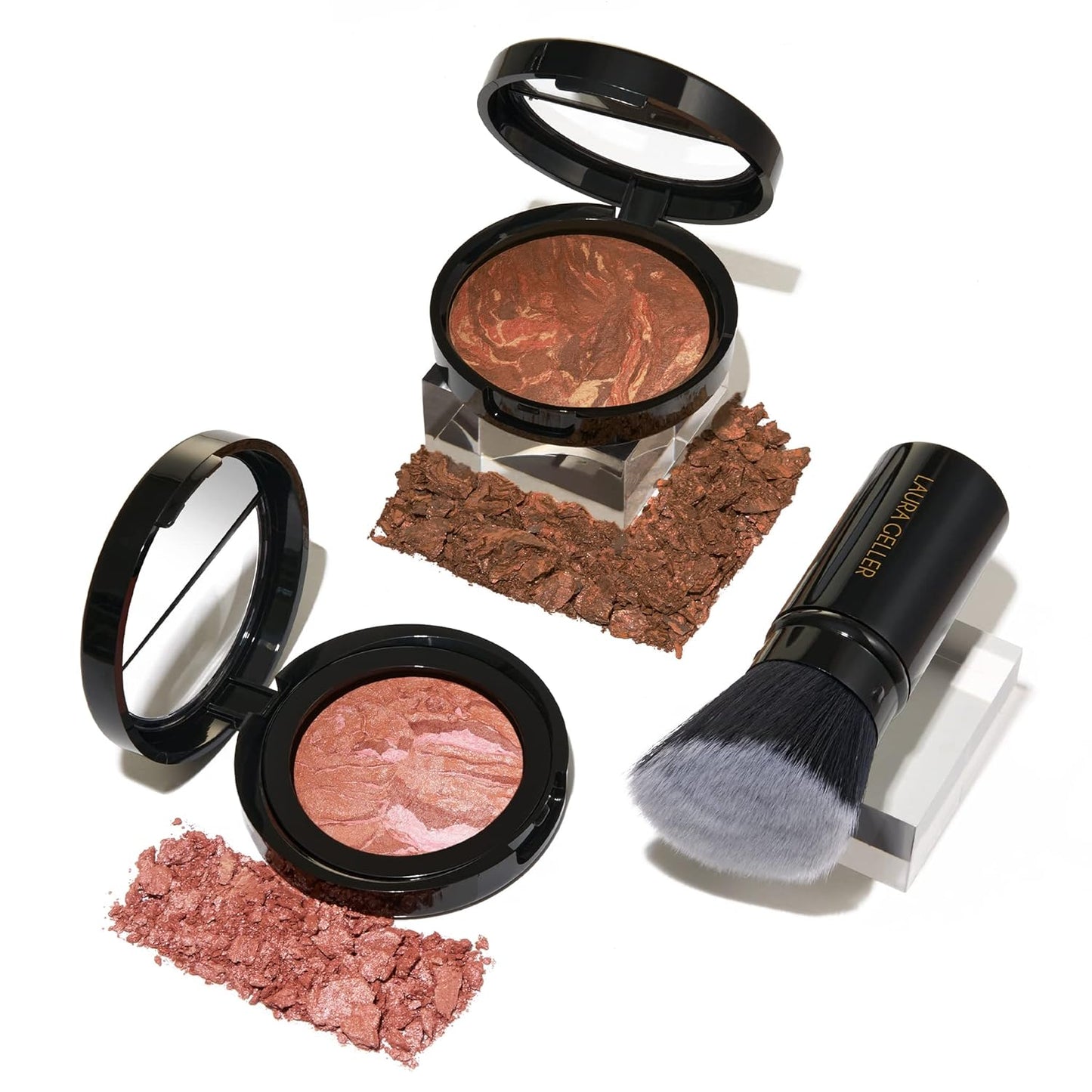 Blush-n-Glow Kit (3 PC): LAURA GELLER NEW YORK Baked Balance-N-Glow Illuminating CC Powder Foundation Toffee, Retractable Kabuki Brush, Baked Blush-N-Brighten Pink Grapefruit