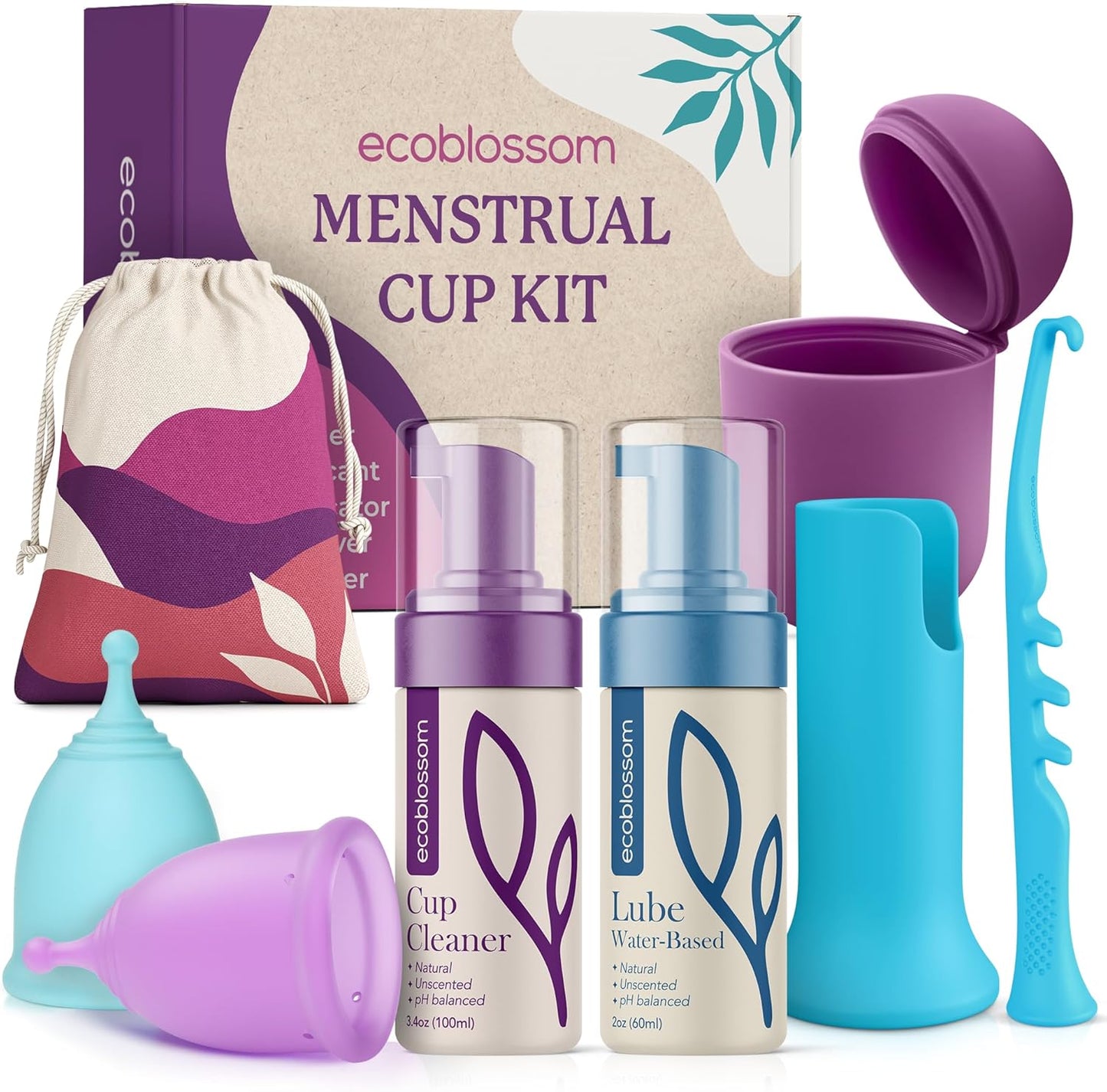 Ecoblossom Complete Menstrual Cup Kit - Small & Large Reusable Period Cups, Silicone Sterilizer Holder, Cleansing Wash, Water-Based Lube, and Easy-Insert Disc Applicator - All Inclusive Set