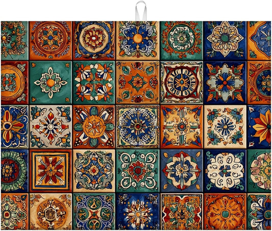 Dish Drying Mat For Kitchen Counter, Talavera Mexican Tiles Microfiber Absorbent Dish Drainer Rack Pad Reusable Large 18x24in Drying Mat