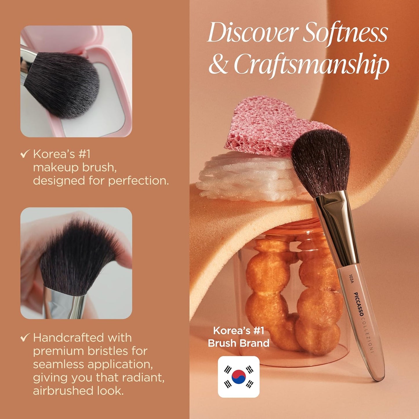 Piccasso COLLEZIONI 103A Powder Brush – Soft Makeup Brush for Face, Fluffy Blush and Setting Tool with Goat Hair Blend, Ideal for Powder Application, Shading, and Natural Finish, Professional Korean