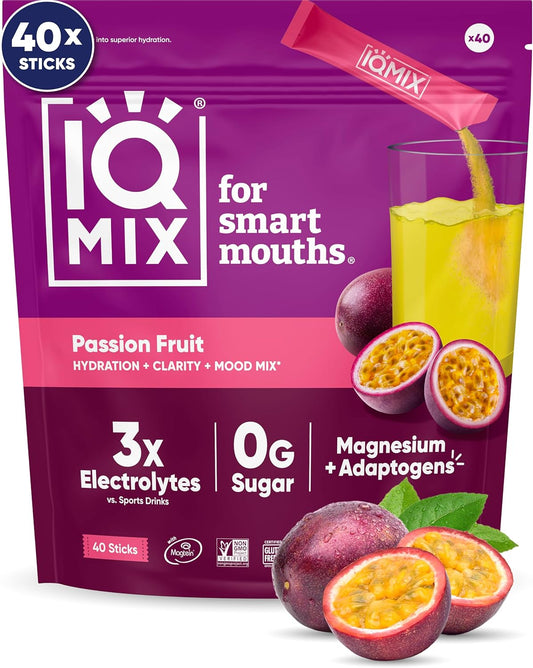 IQMIX Hydration Electrolyte Powder – 4-in-1 Formula for Hydration, Mental Clarity, Mood and Recovery – Sugar-Free Drink Mix, Keto, Magnesium L-Threonate, Lion’s Mane – 40 Count Passion Fruit