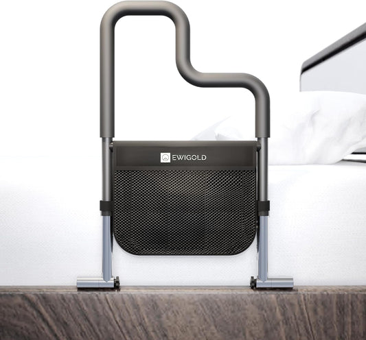 Dual-Bar Bed Rails for Elderly Adults Safety - Bed Rails with Height-Adjustable Handle - Bed Assist Rail with Storage Pocket - No Installation at All - Fit King, Queen, Full, Twin
