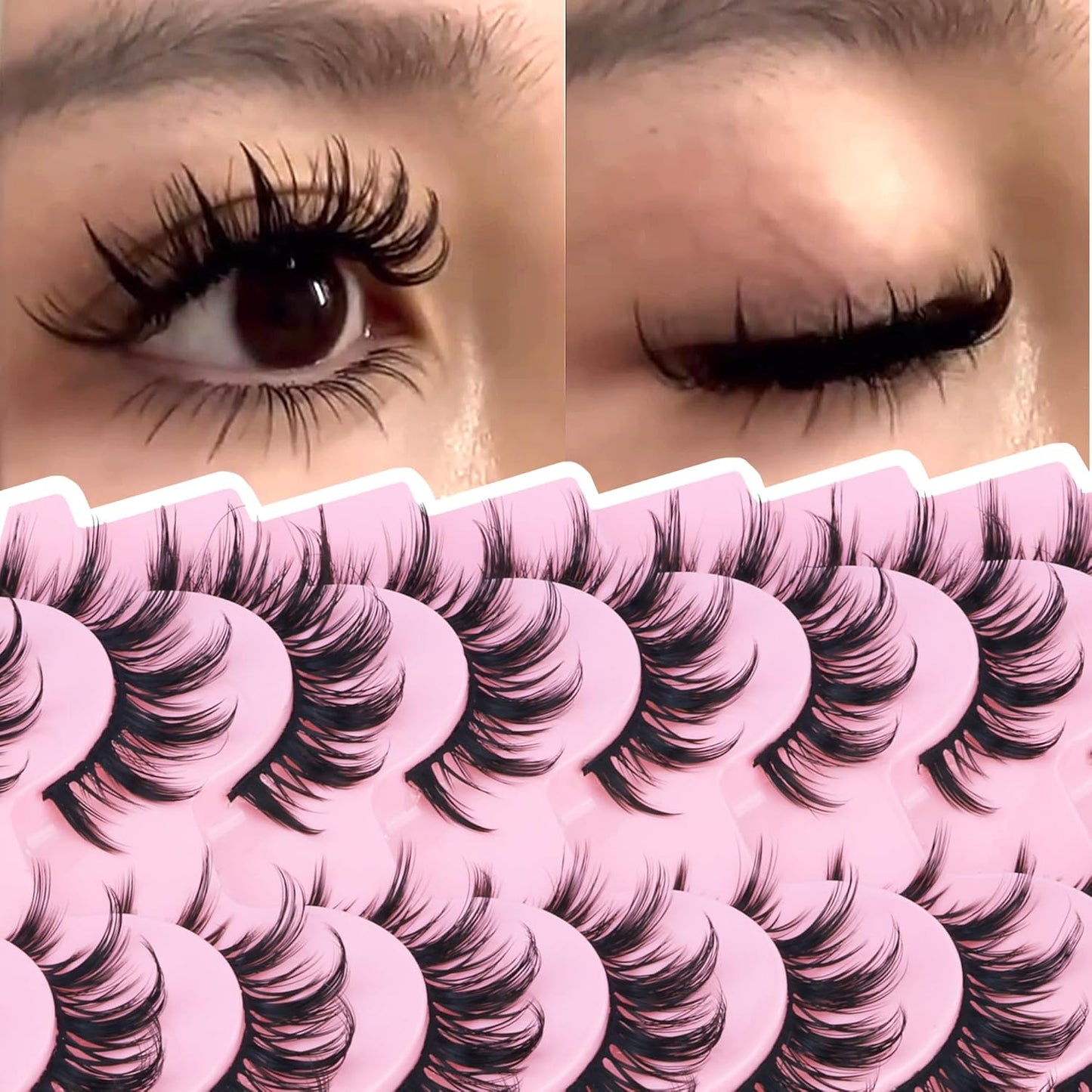 False Eyelashes Manga Lashes 10 Pairs False Eyelashes Japanese Style D Anime Lashes Natural Cosplay Lashes Natural Look 15 MM Wispy Faux Mink Lashes Full Strip Doll Lashes by FANXITON