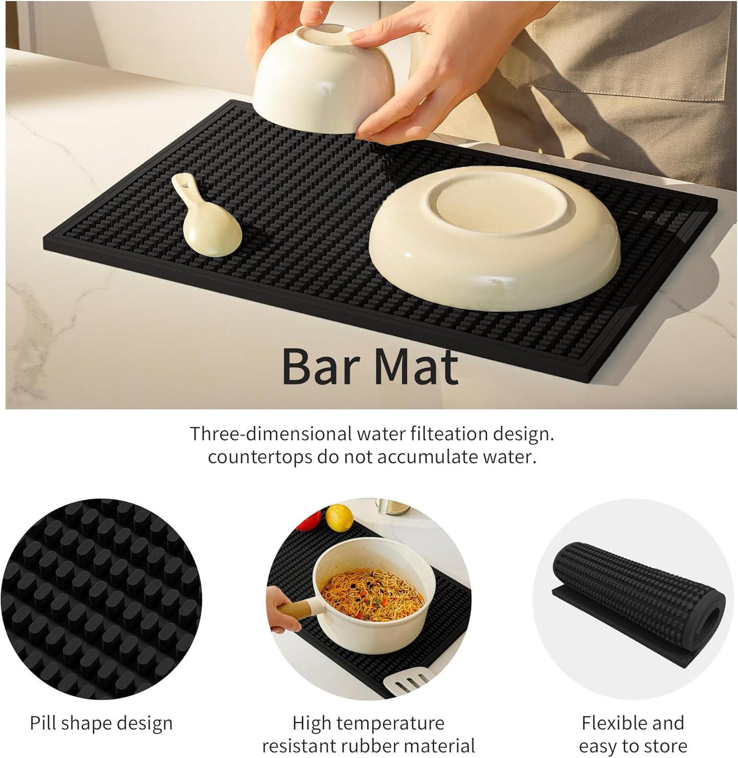 dish drying mat - 18" x 12" Black silicone drying mat , kitchen counter dish drying mats,rubber dish drying mat, Applies to bar mat、coffee mat