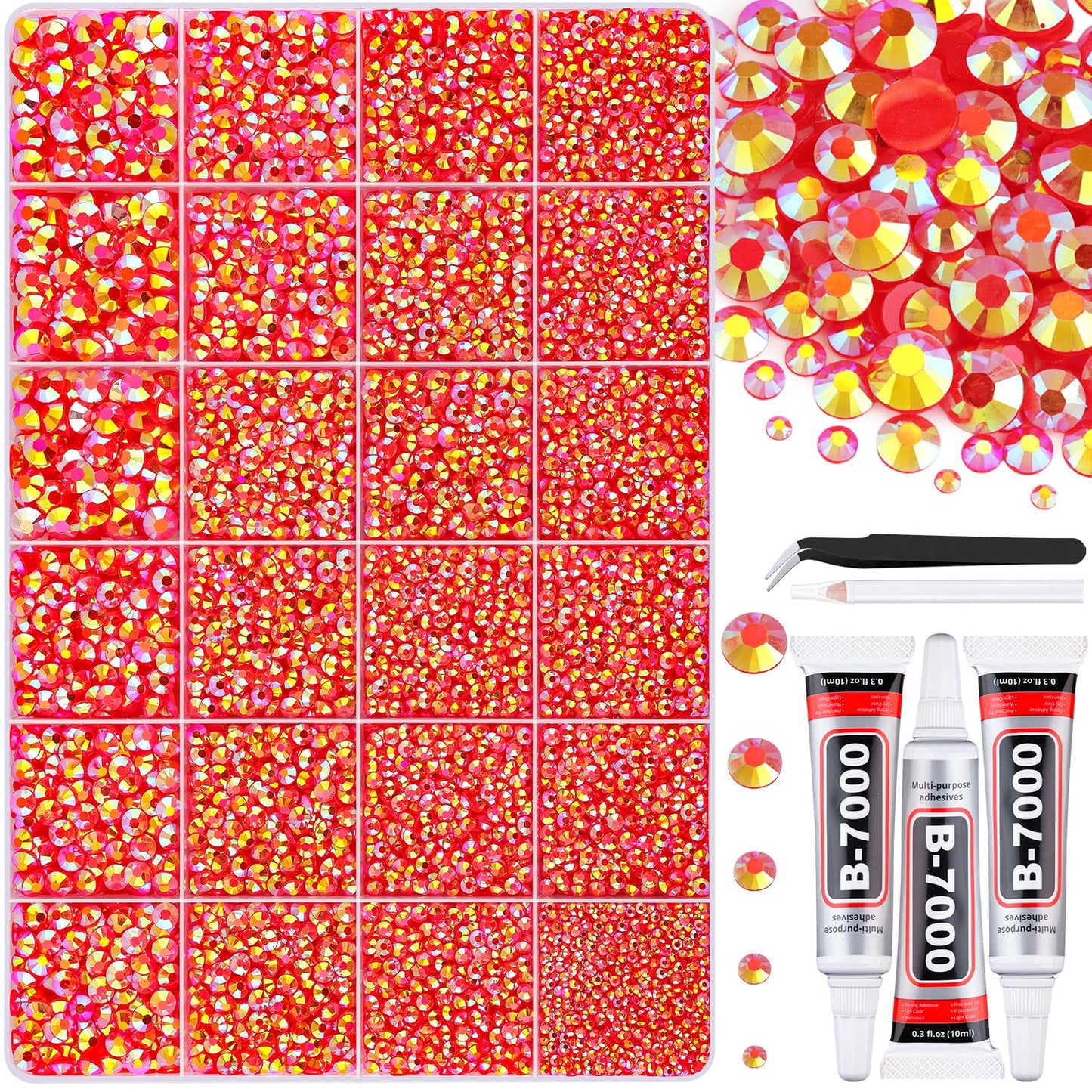 30000Pcs Resin Red AB Rhinestones for Bedazzling Crafting with b7000 Jewelry Glue, Bulk Flatback Gems Bedazzler Kit for Crafts Clothes Shoes Fabric Nail Diamond Art, Assorted Size 2/3/4/5/6mm