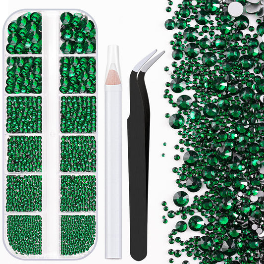 One Pack 2000 Pcs of Flatback Round Dark Green Rhinestones 6 Sizes (1.5-6 mm) with Nail Art Rhinestone Picker Pencil and Tweezers for DIY and Salon Use