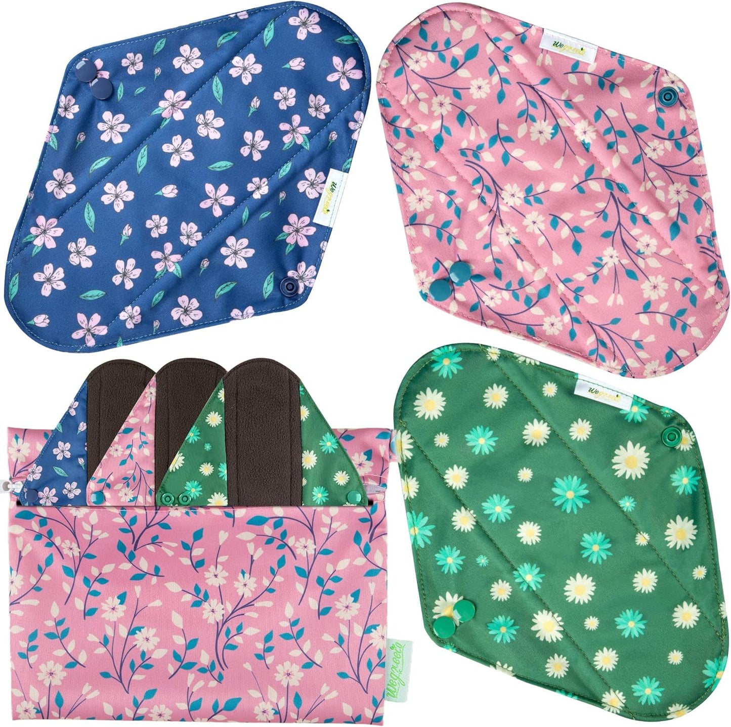 Wegreeco Cloth Menstrual Pads - Soft Washable Pads for Women - Reusable Panty Liners for Women - 6 Pack with 1 Cloth Mini Wet Bag (Large, Chrysanthemums)