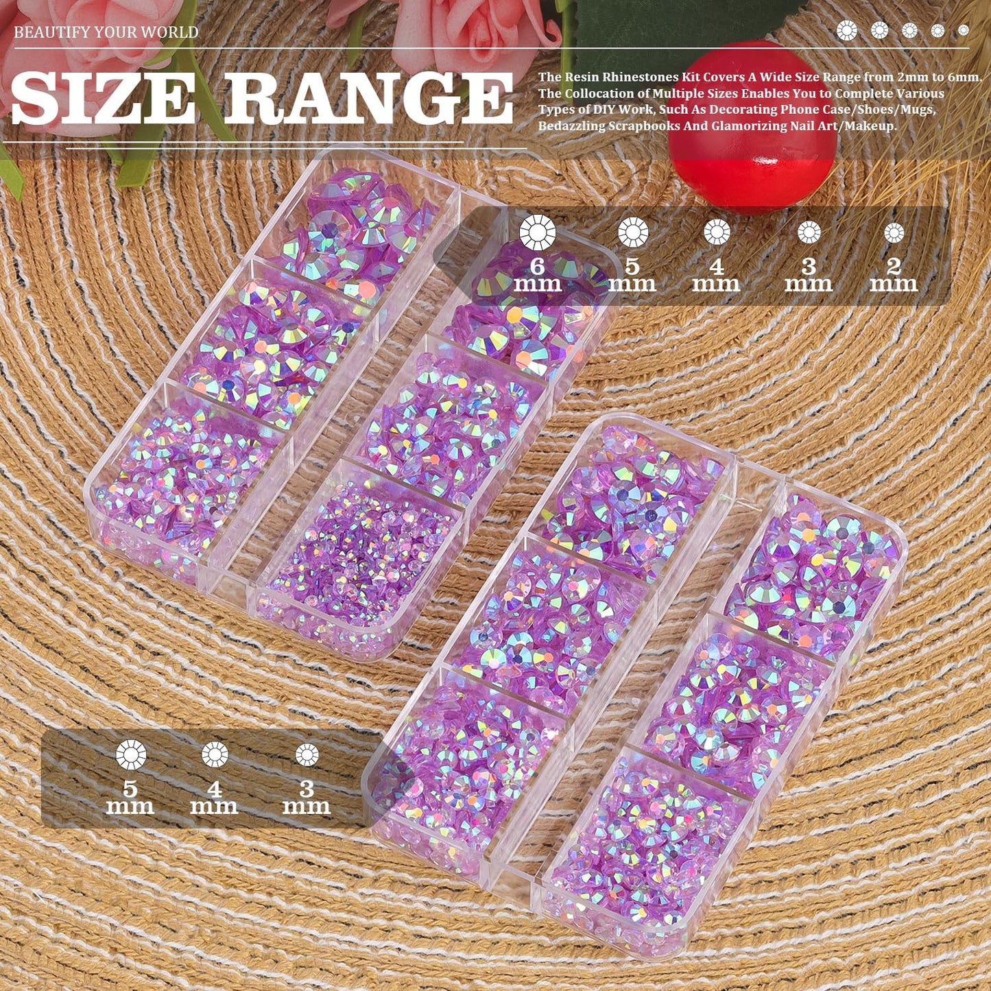 Resin Rhinestones Crafting, 2/3/4/5/6mm Flatback Jelly Rhinestones, 2 Boxes Transparent Lavender Purple AB Non Hotfix Gems for Bedazzling Crafts Mugs Tumblers Clothes Makeup Nail