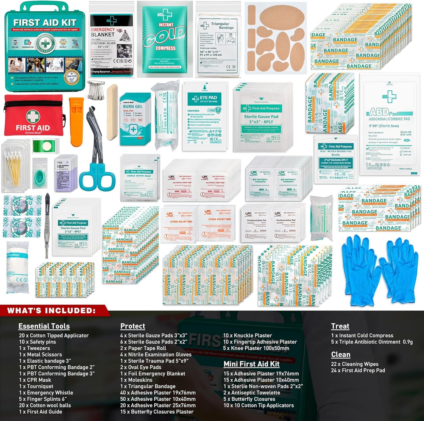 General Medi 360 Pieces Hardcase First Aid Kit - Comprehensive Large First Aid Box Contains Premium Medical Supplies for Travel, Home, Office, Vehicle, Camping, Workplace & Outdoor